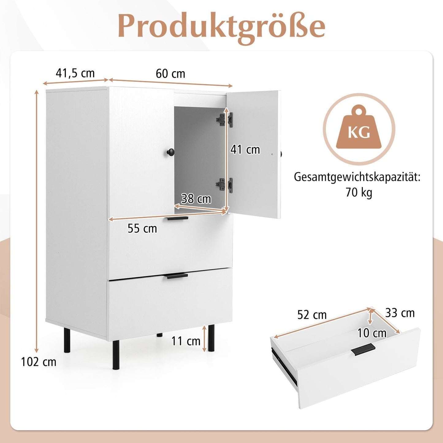 White Sideboard with Metal Legs, Drawers & Doors, 60x41.5x102 cm