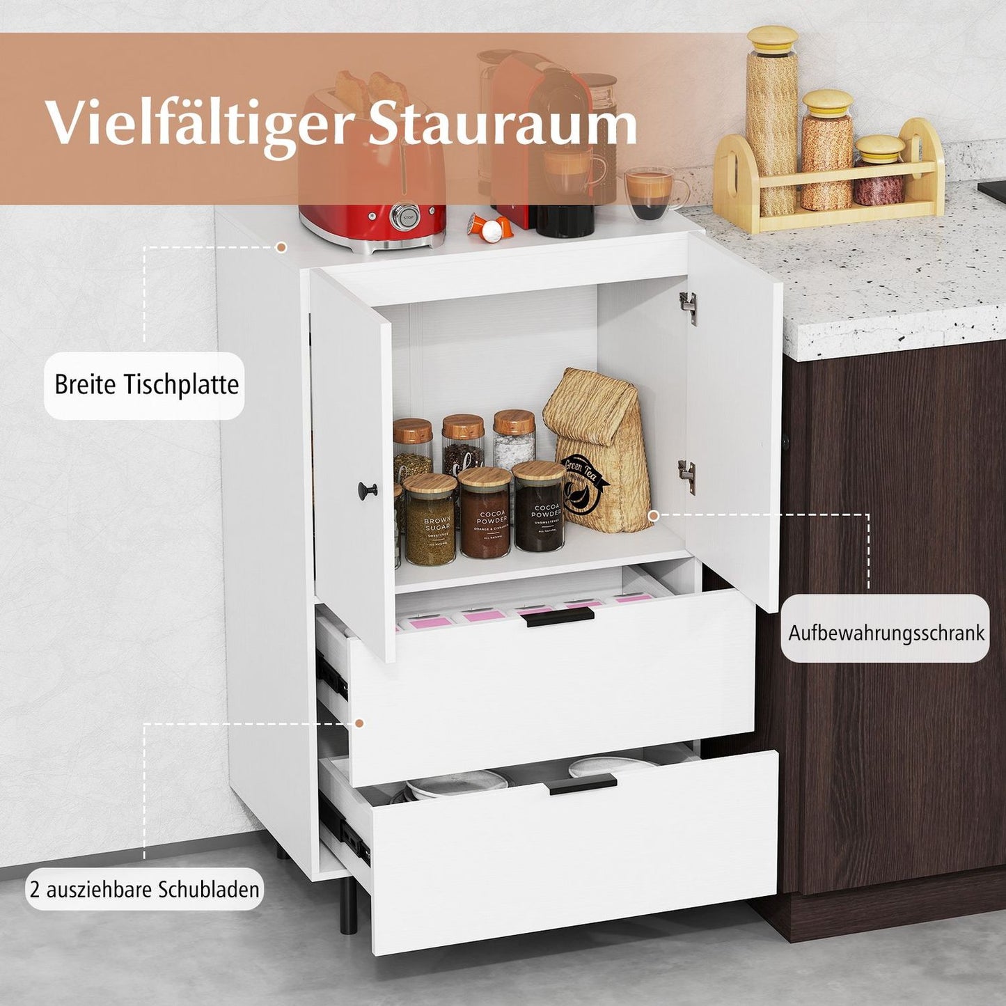 White Sideboard with Metal Legs, Drawers & Doors, 60x41.5x102 cm