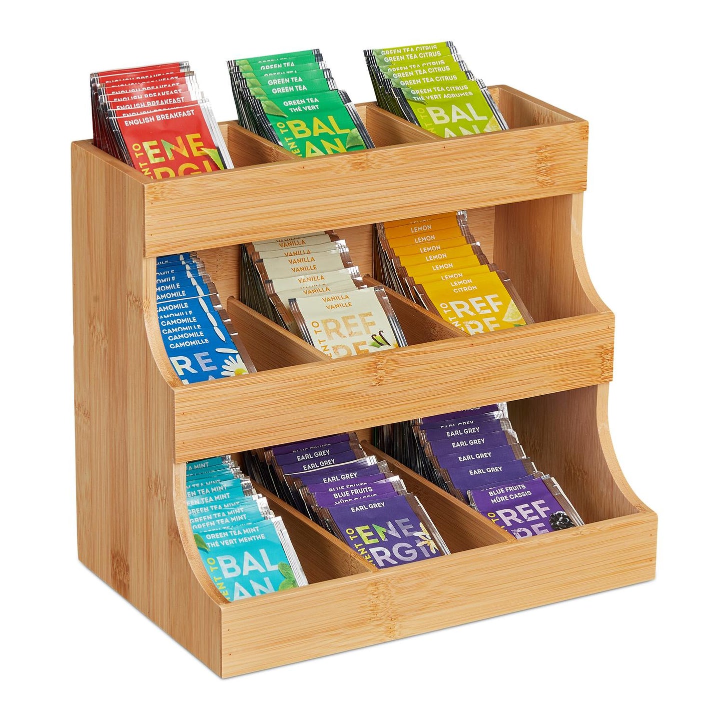 White Tea Bag Organizer, 9-Compartment Bamboo Caddy