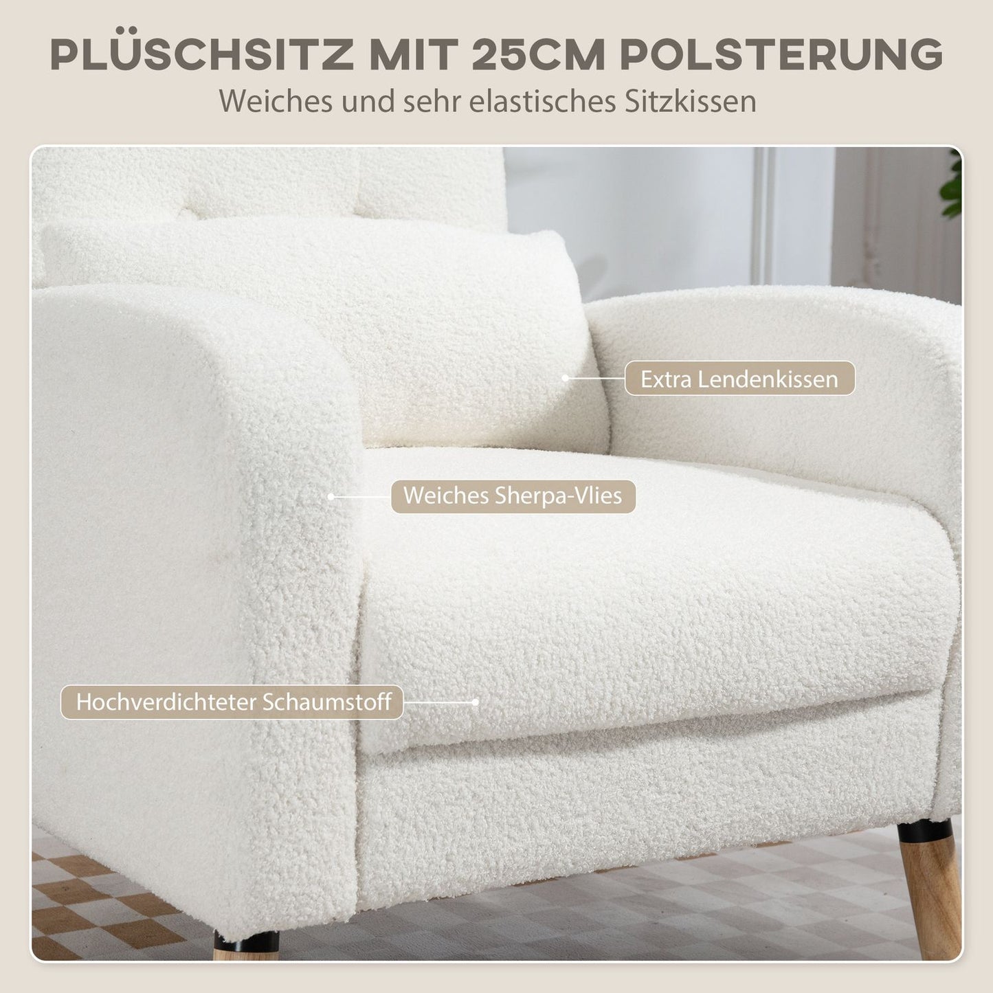 White Upholstered Armchair with Cushion, Rubberwood Legs