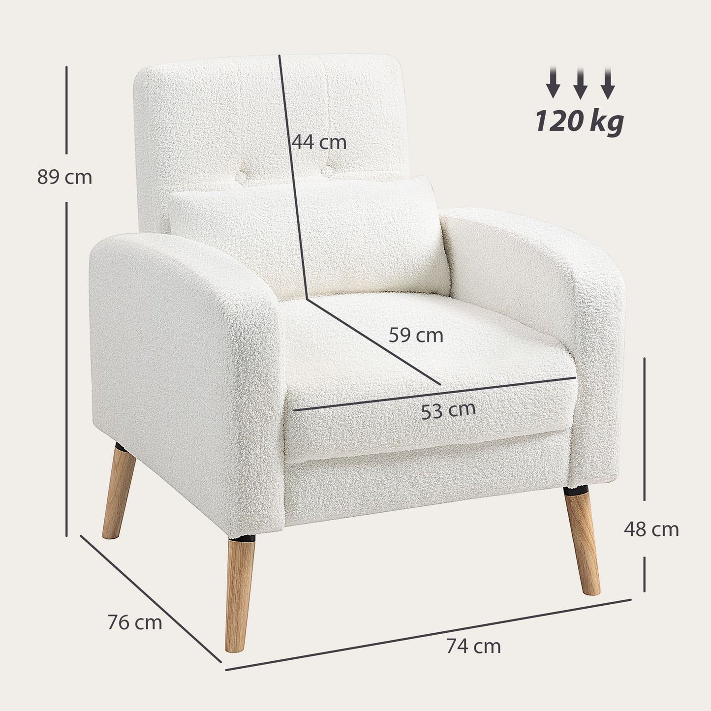 White Upholstered Armchair with Cushion, Rubberwood Legs