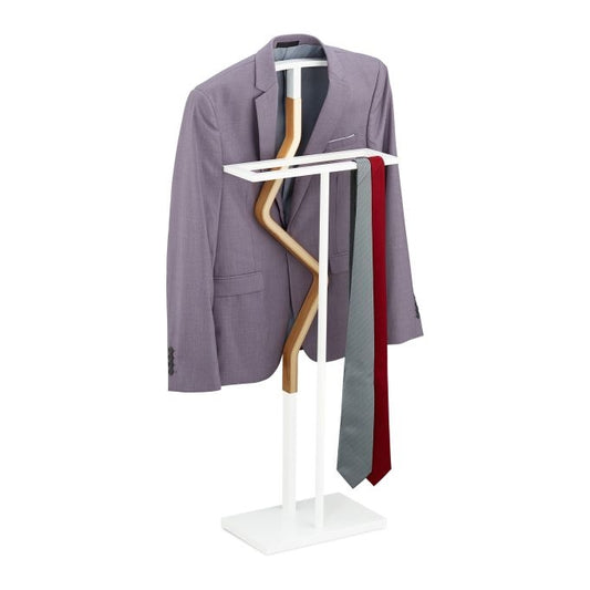 White Wood and Metal Valet Suit Stand