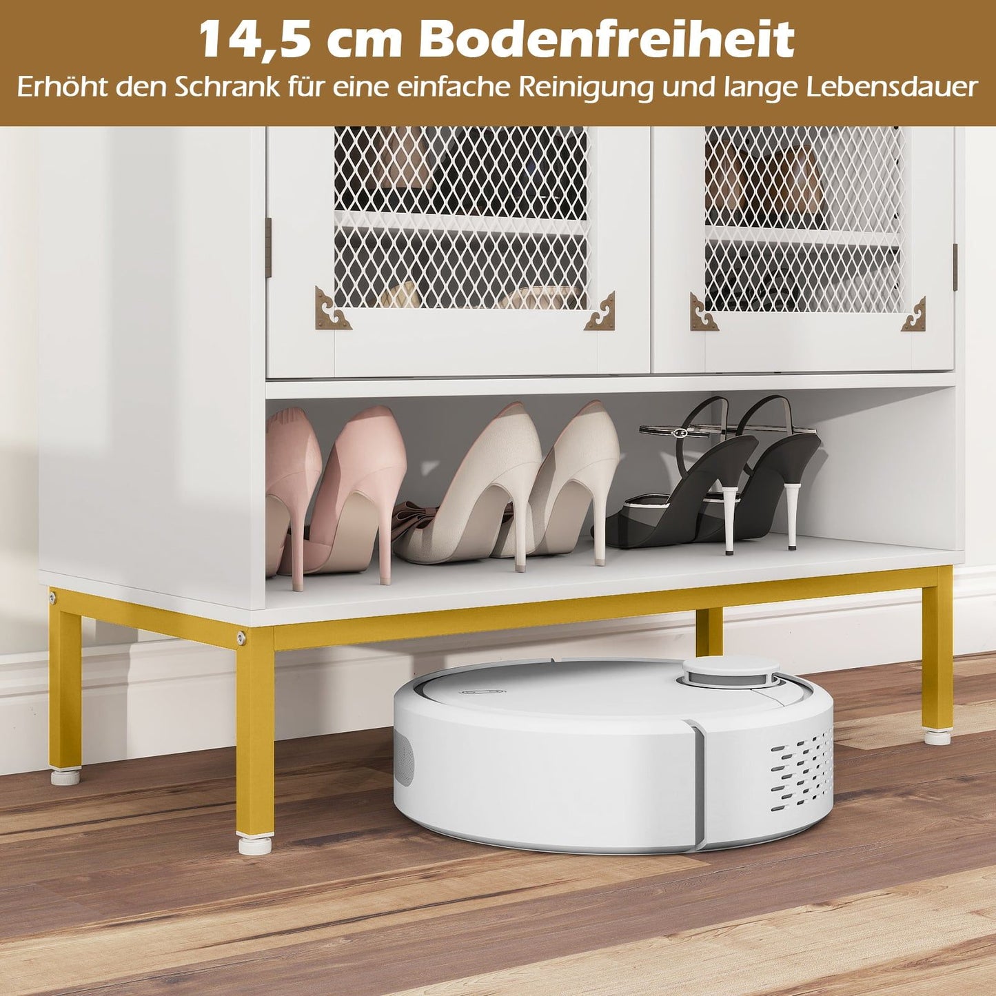 White Wooden Shoe Cabinet with Adjustable Shelves and Mesh Doors