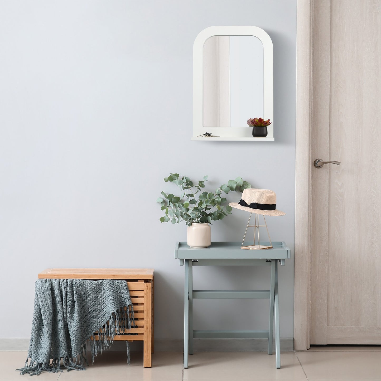 White bathroom mirror with shelf