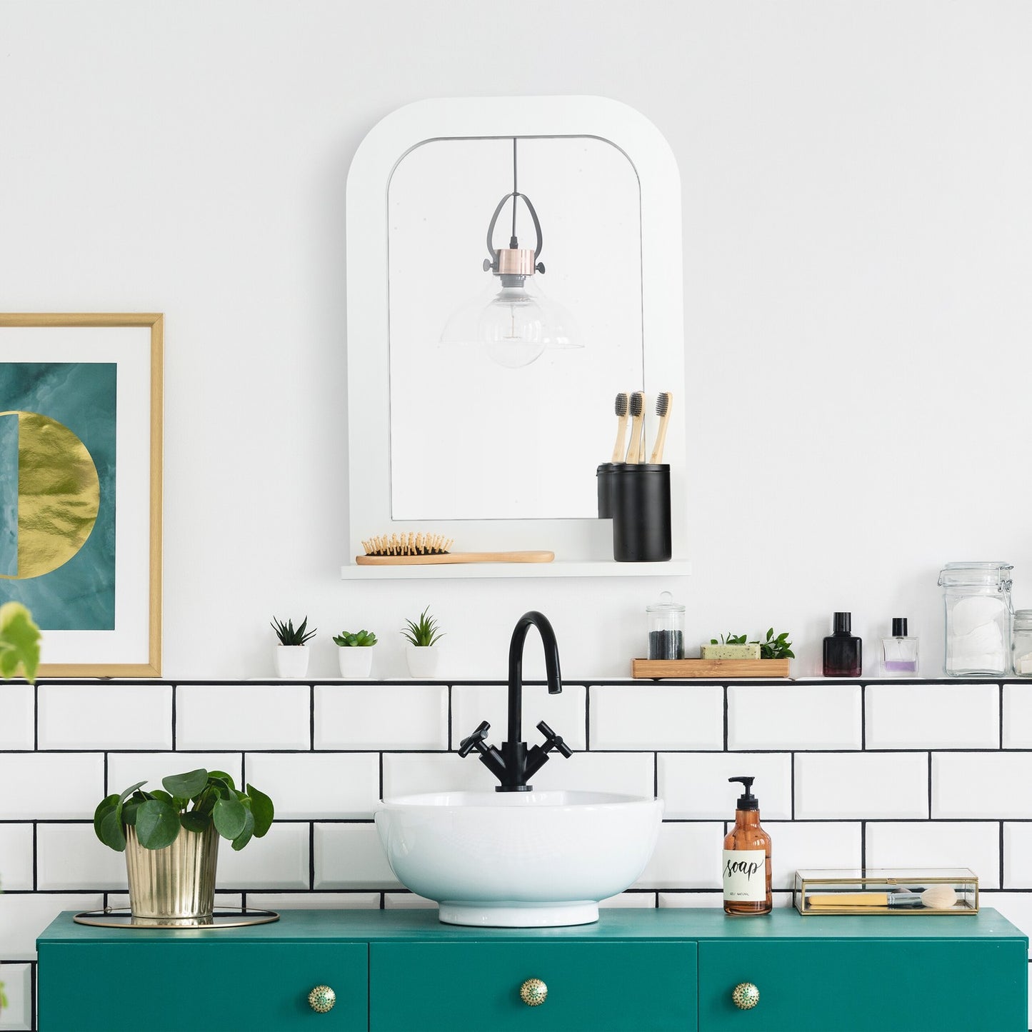 White bathroom mirror with shelf