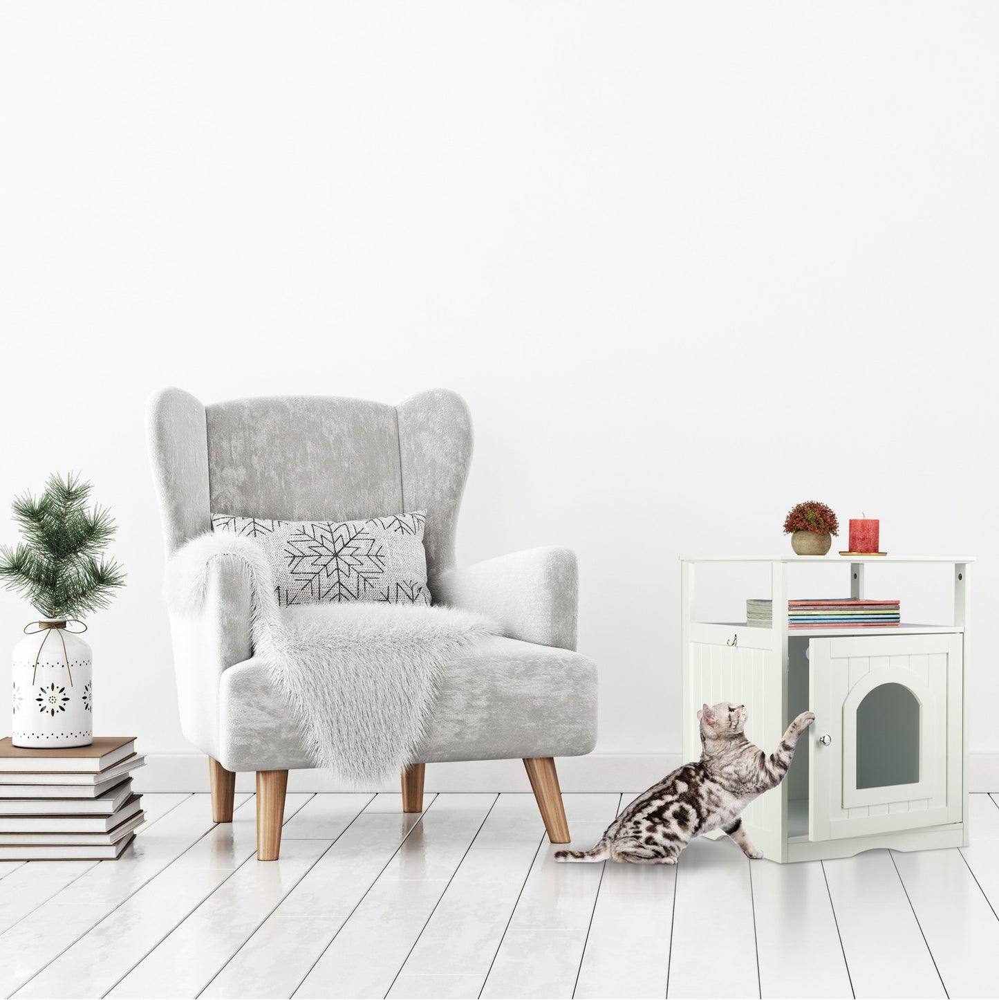 White cat cabinet with shelf