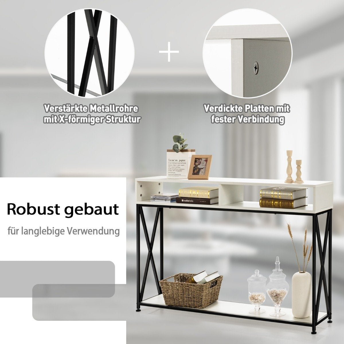 White console table with open shelf and steel frame 120 x 23 x 79 cm
