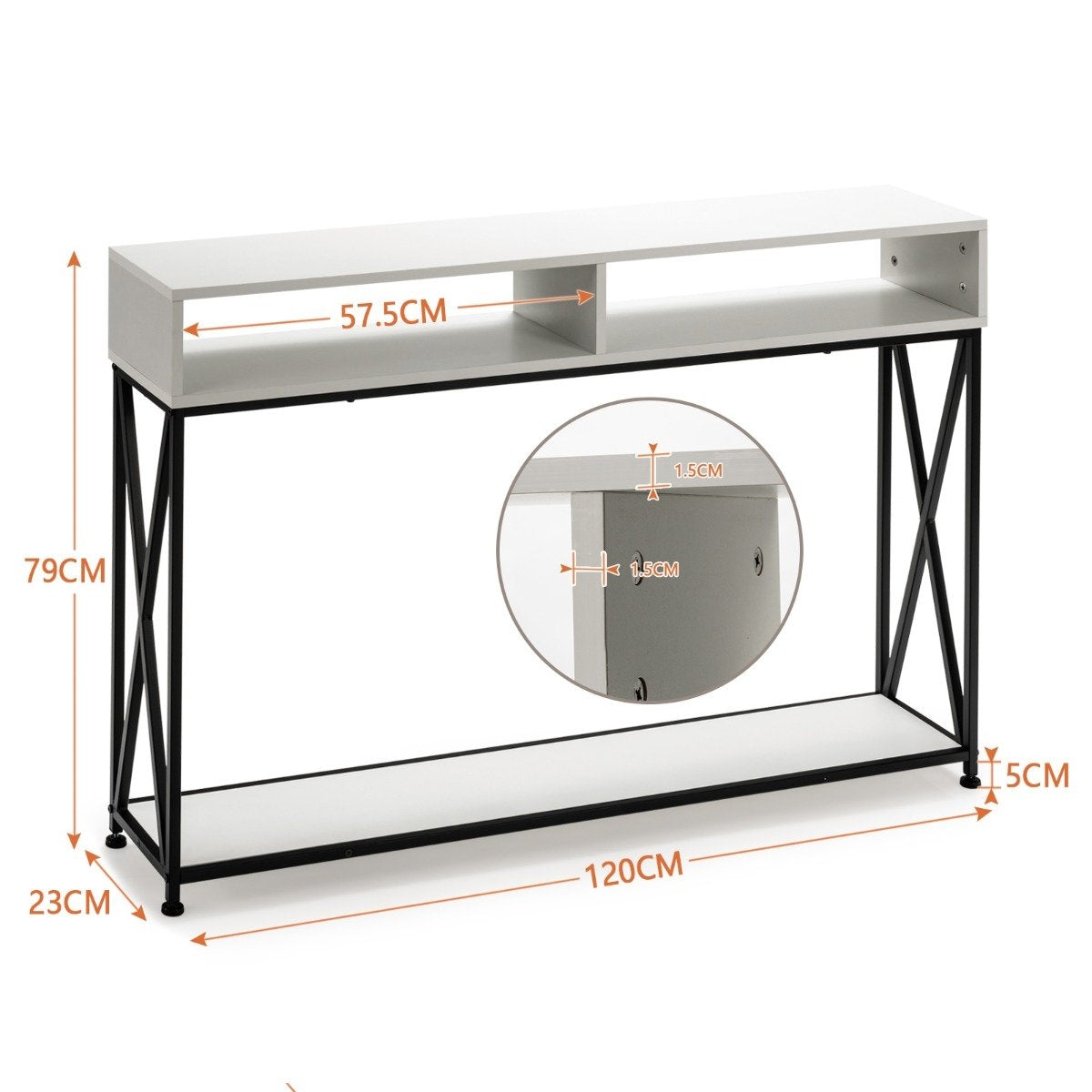 White console table with open shelf and steel frame 120 x 23 x 79 cm