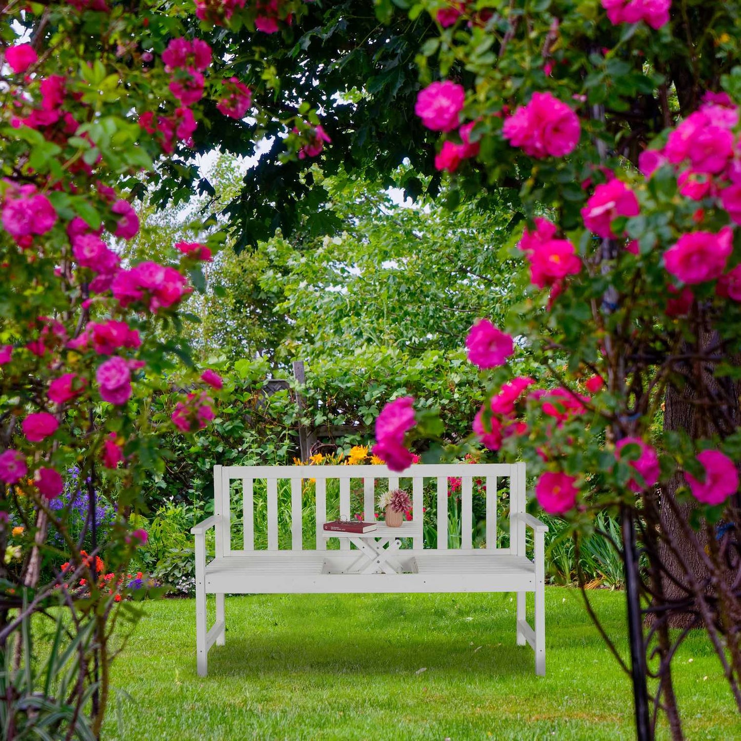 White garden bench with table