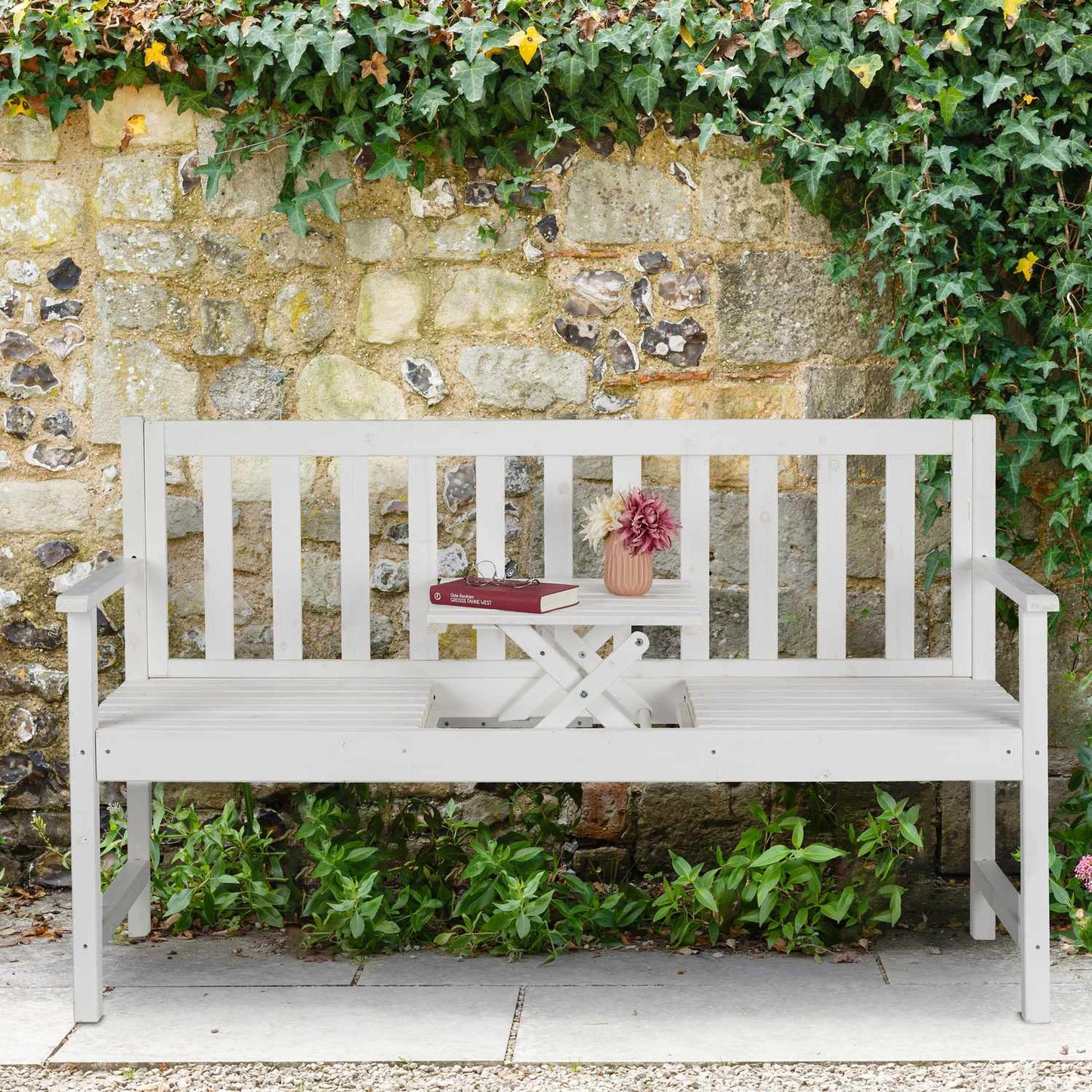 White garden bench with table