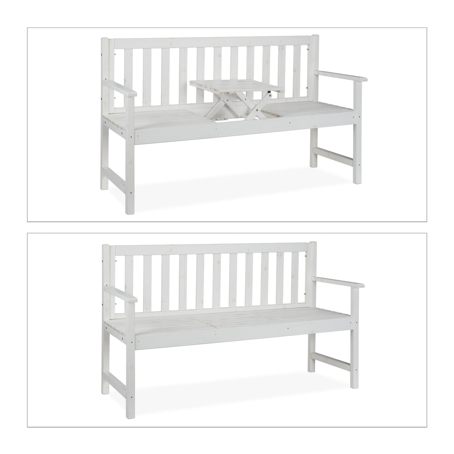 White garden bench with table