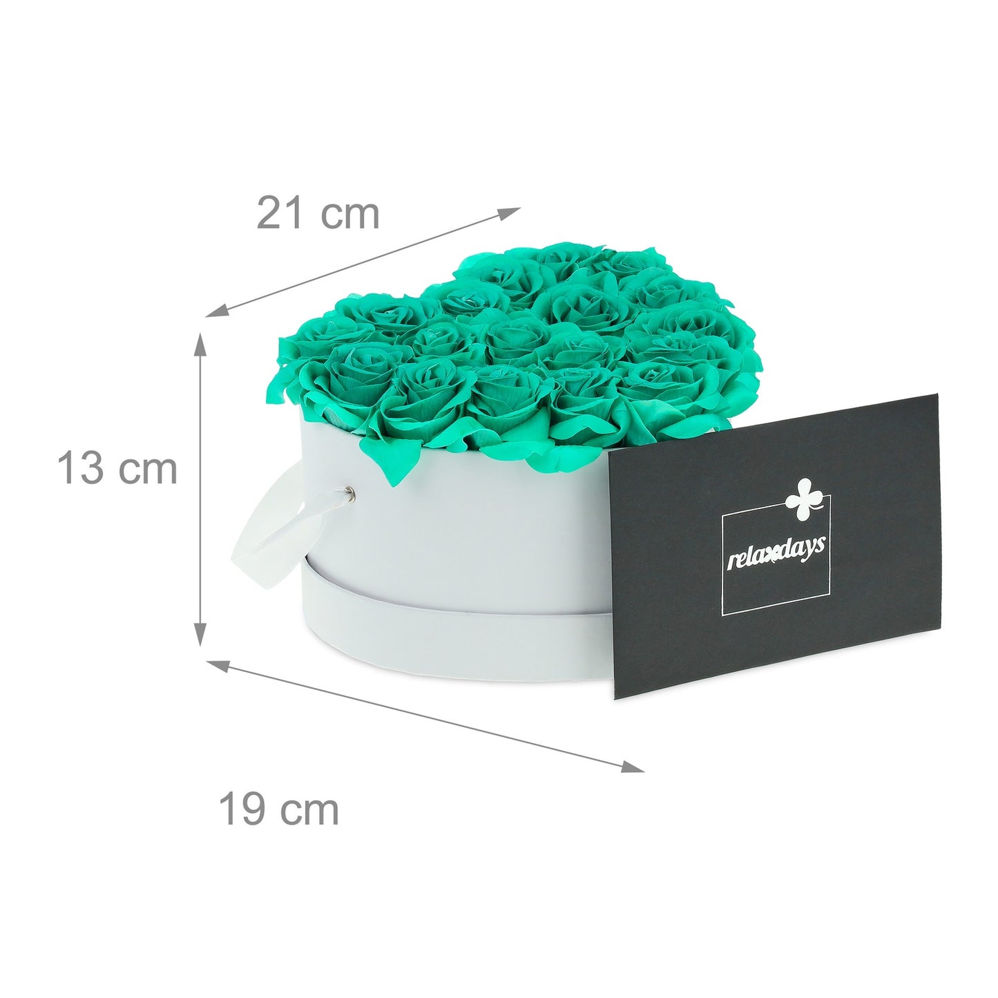 White heart-shaped rose box with 18 roses