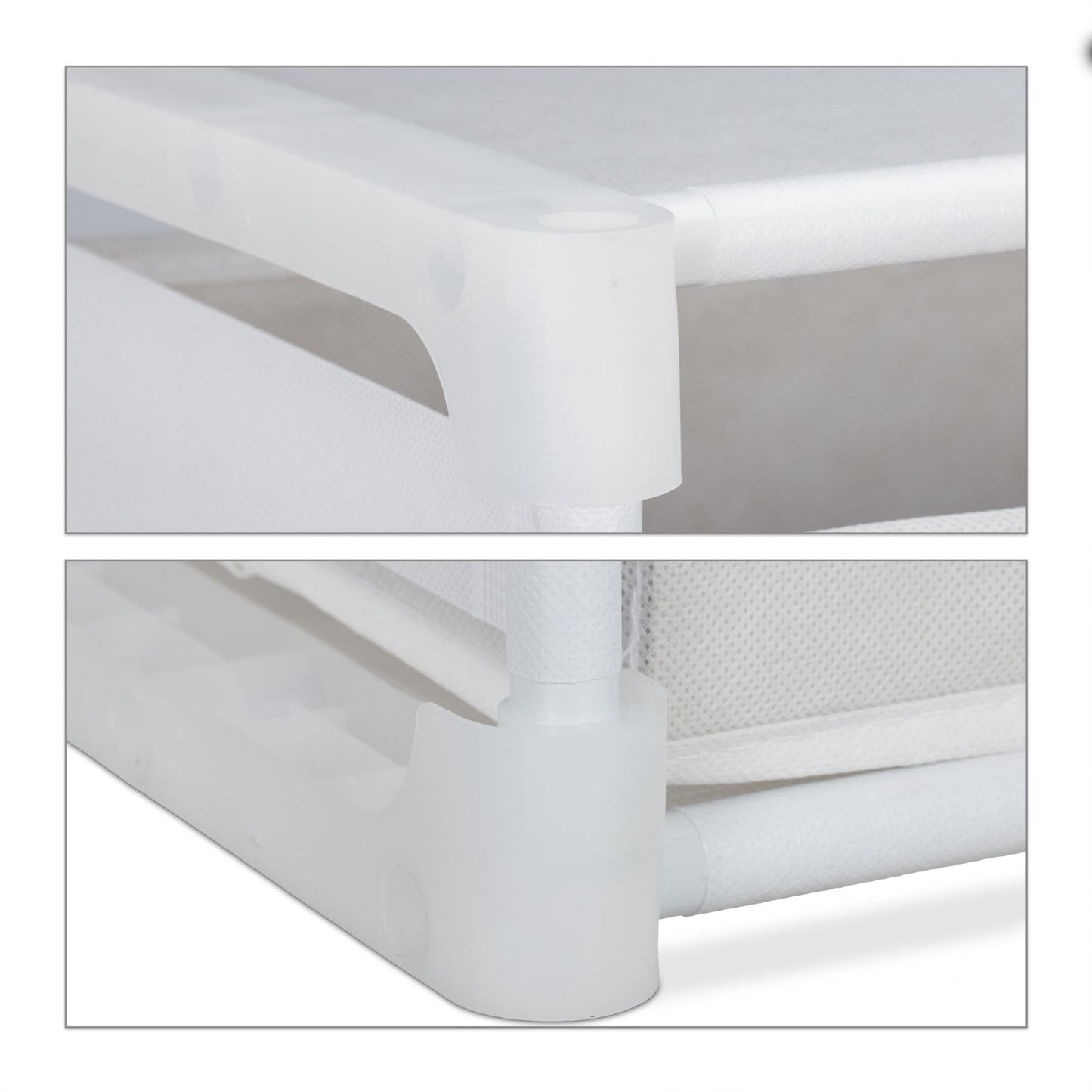 White multi-level shelf with 6 compartments
