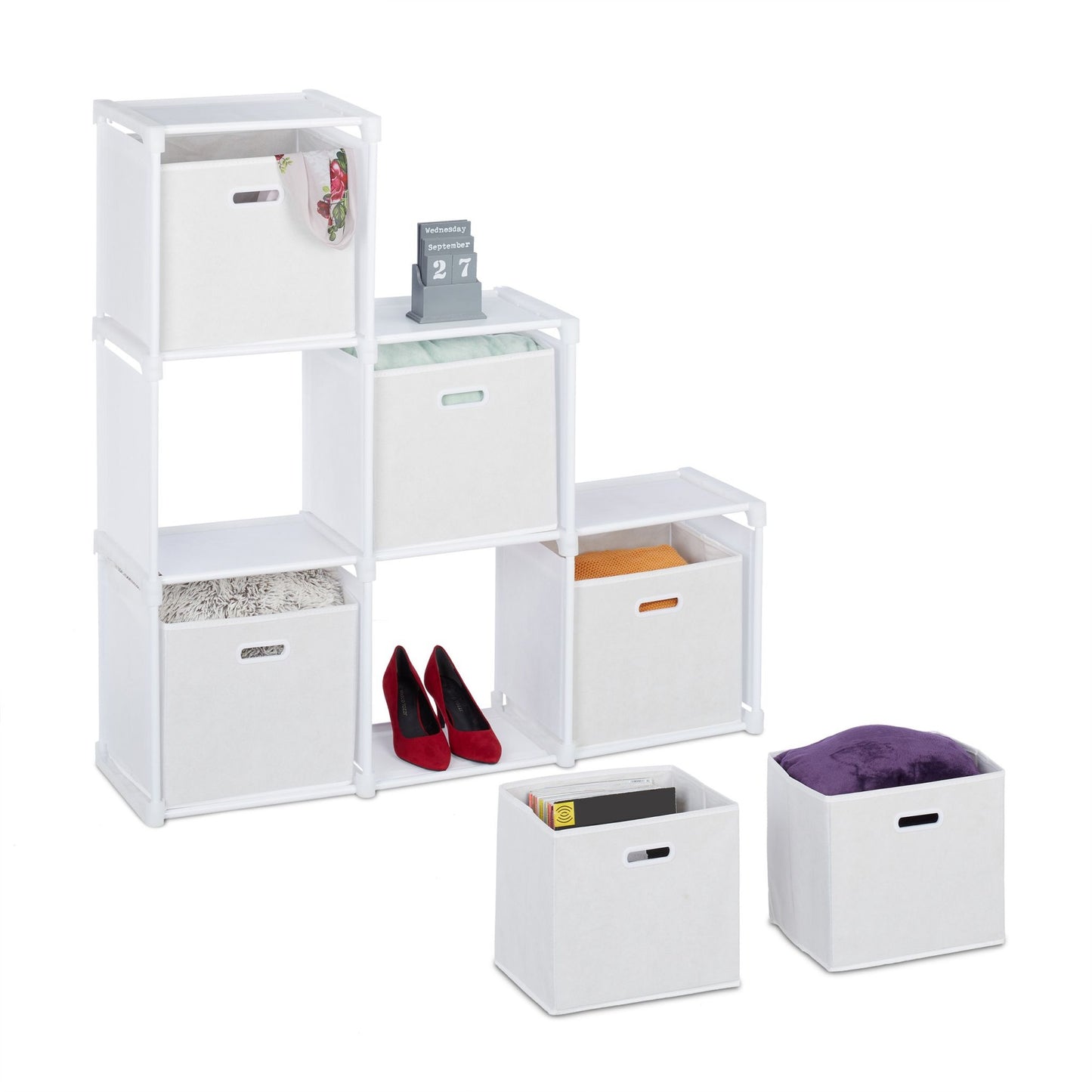 White multi-level shelf with 6 compartments