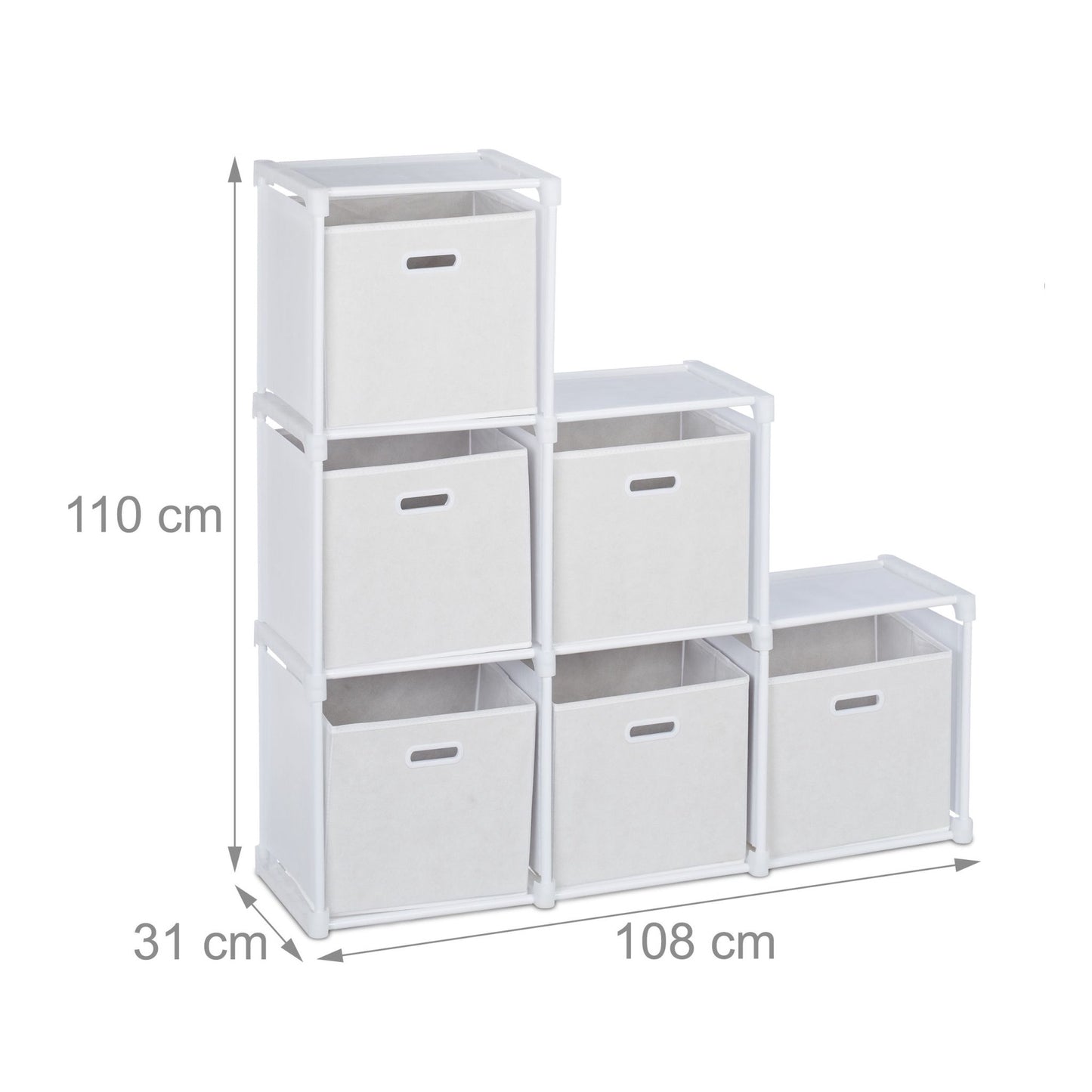 White multi-level shelf with 6 compartments