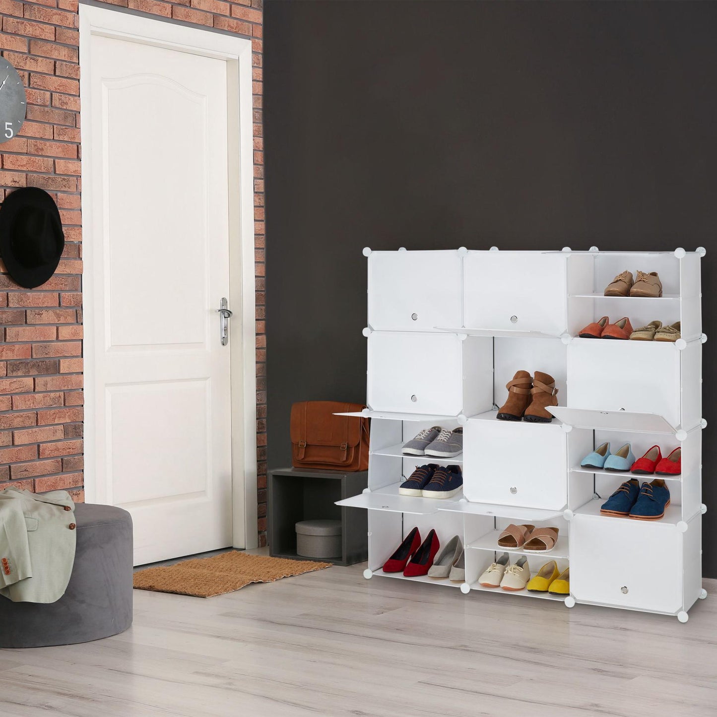 White shoe cabinet with 24 compartments
