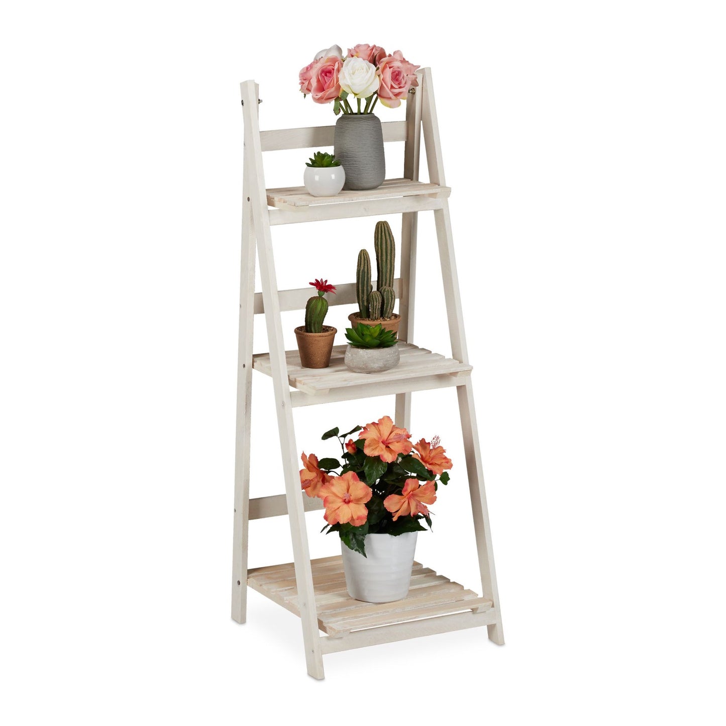 White stairs with wooden flowers