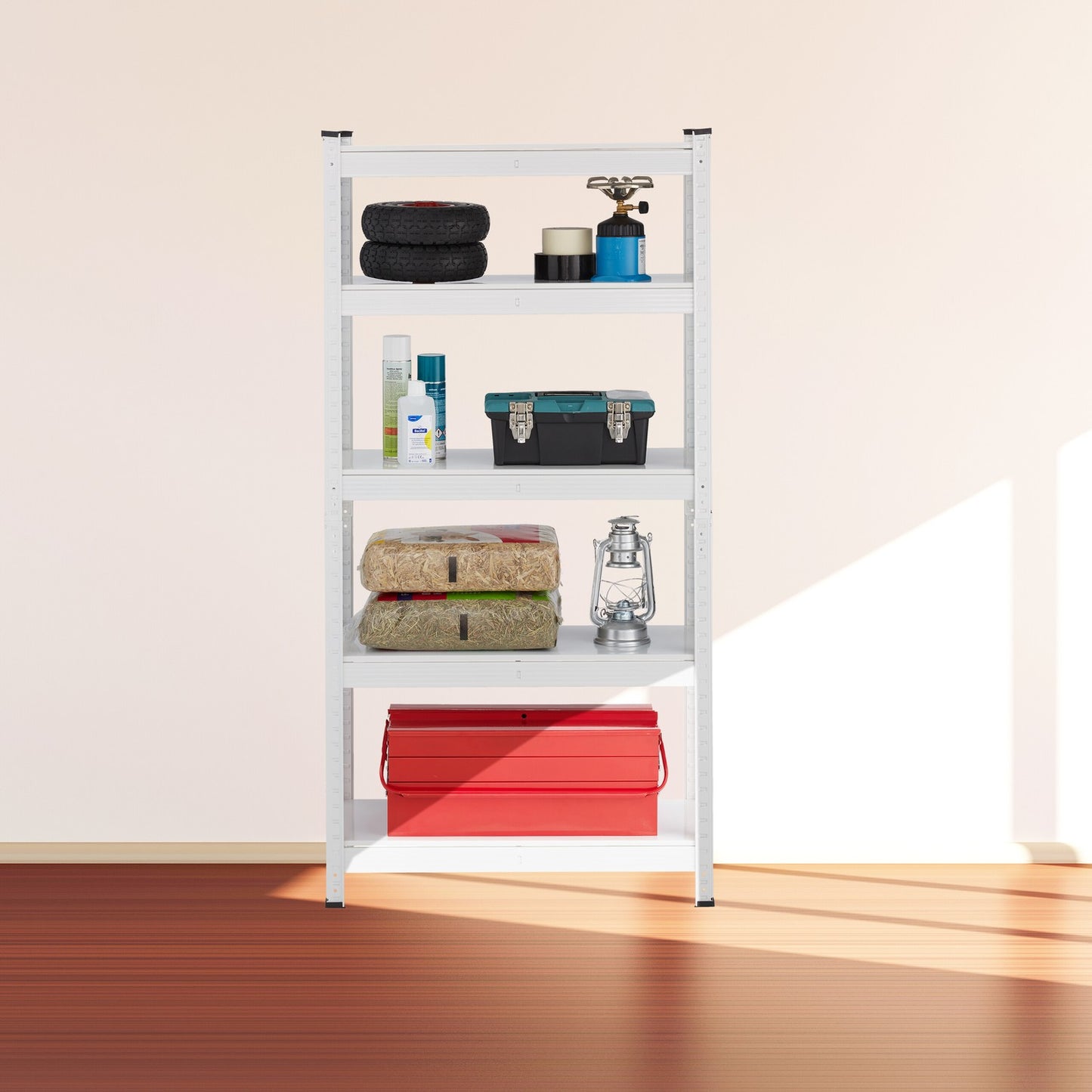 White strong metal shelf with 5 levels