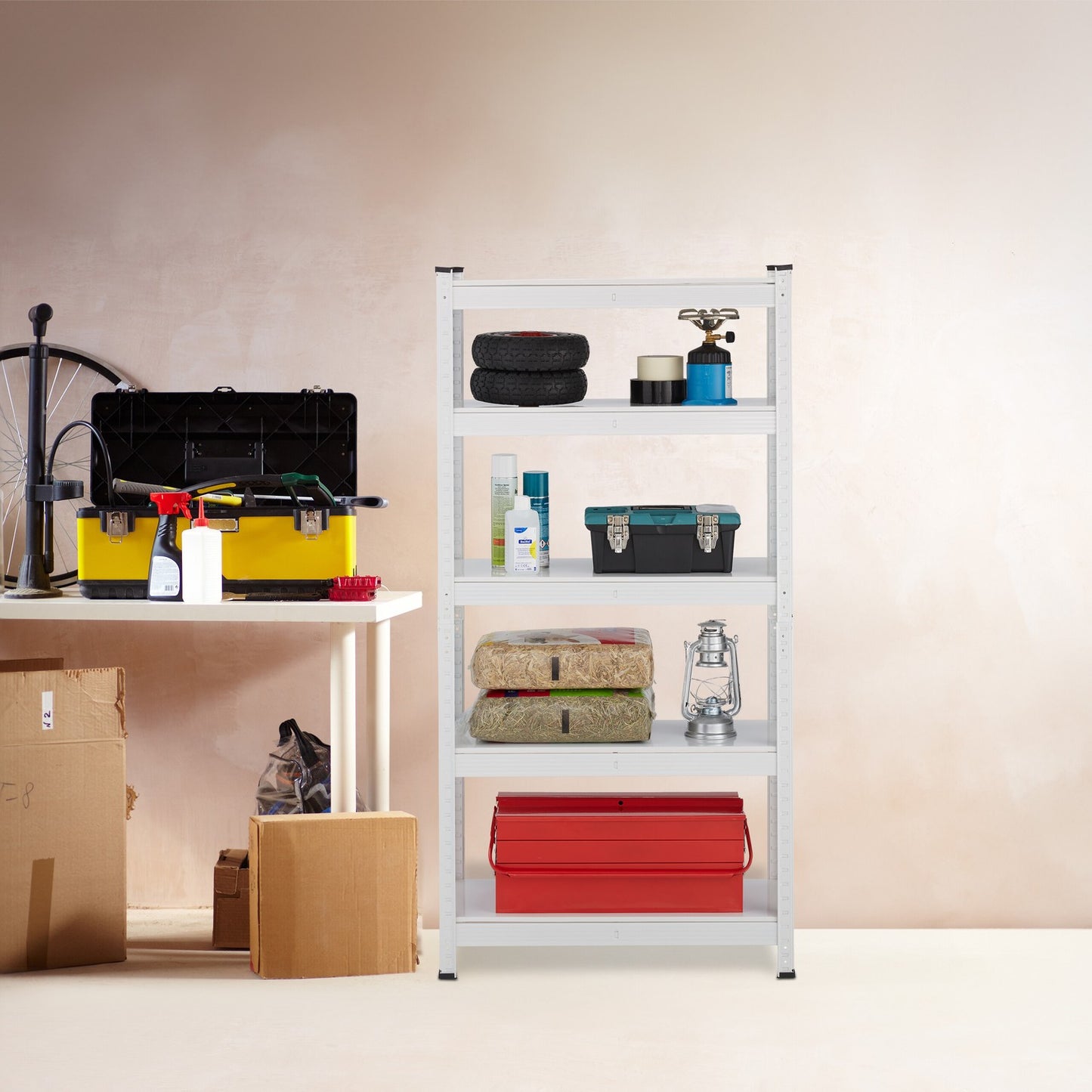 White strong metal shelf with 5 levels