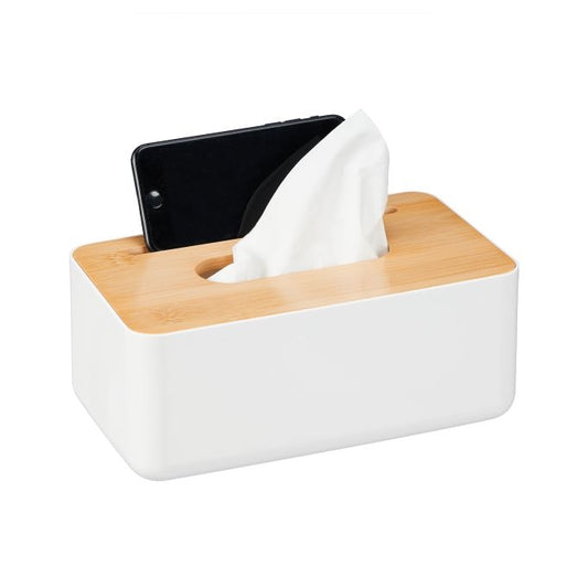 White tissue box with bamboo lid