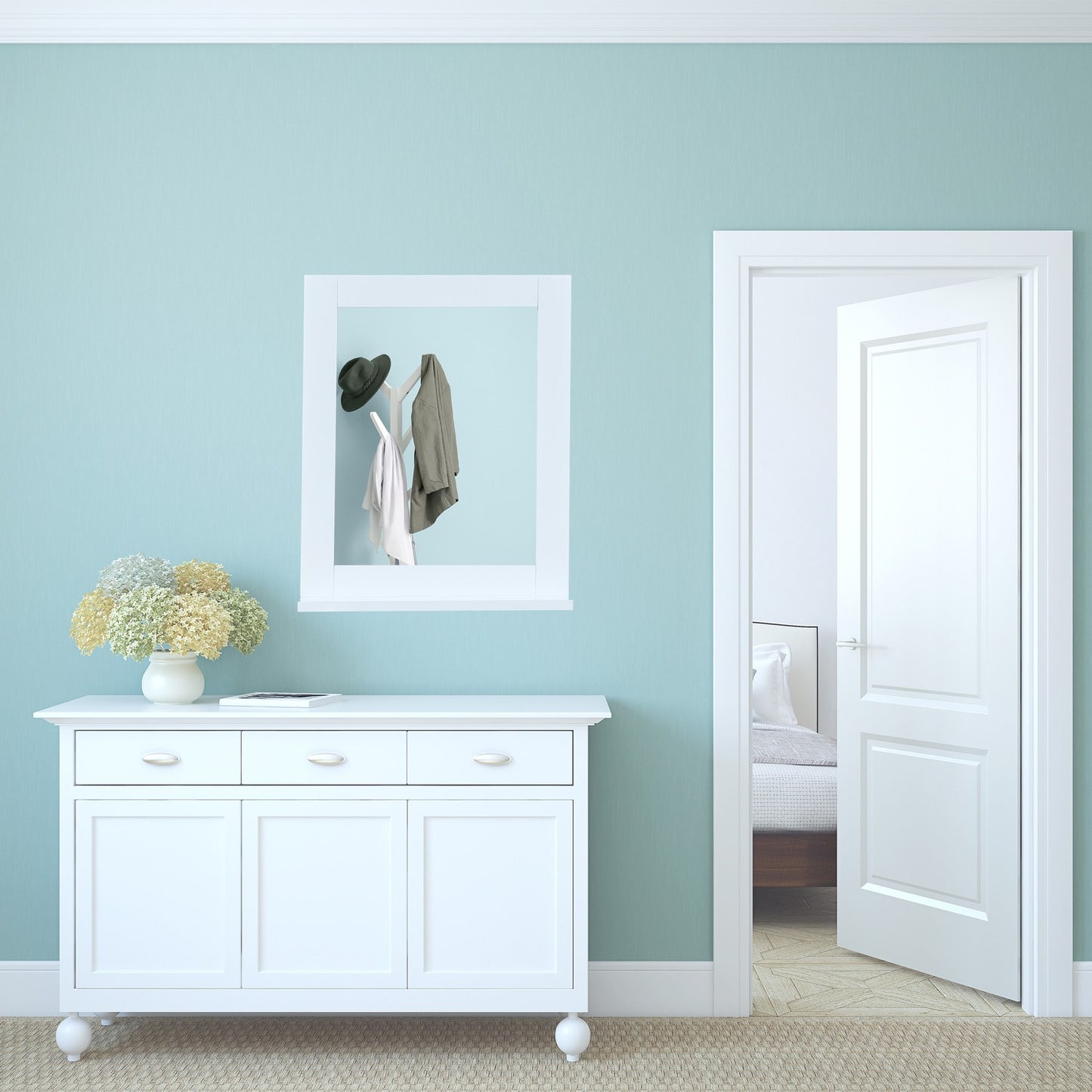 White wall mirror with shelf