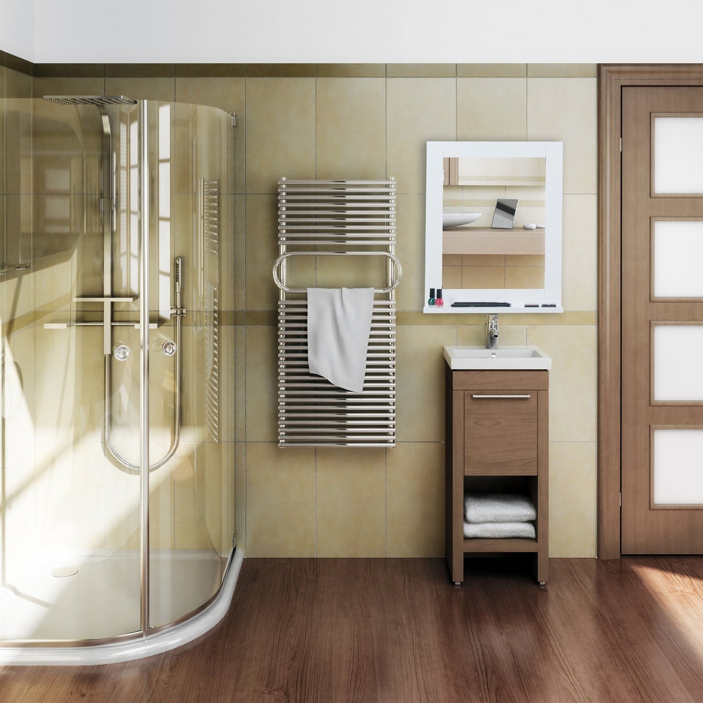 White wall mirror with shelf