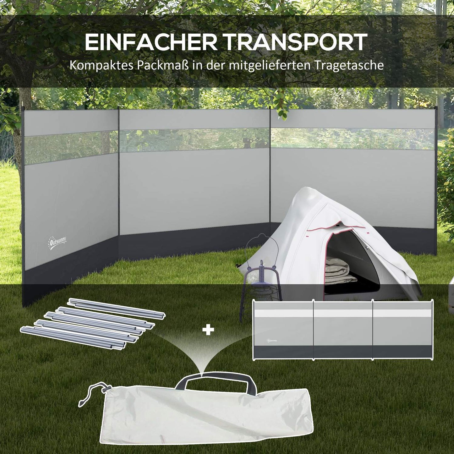 Foldable gray wind screen with light source, 440 x 140 cm