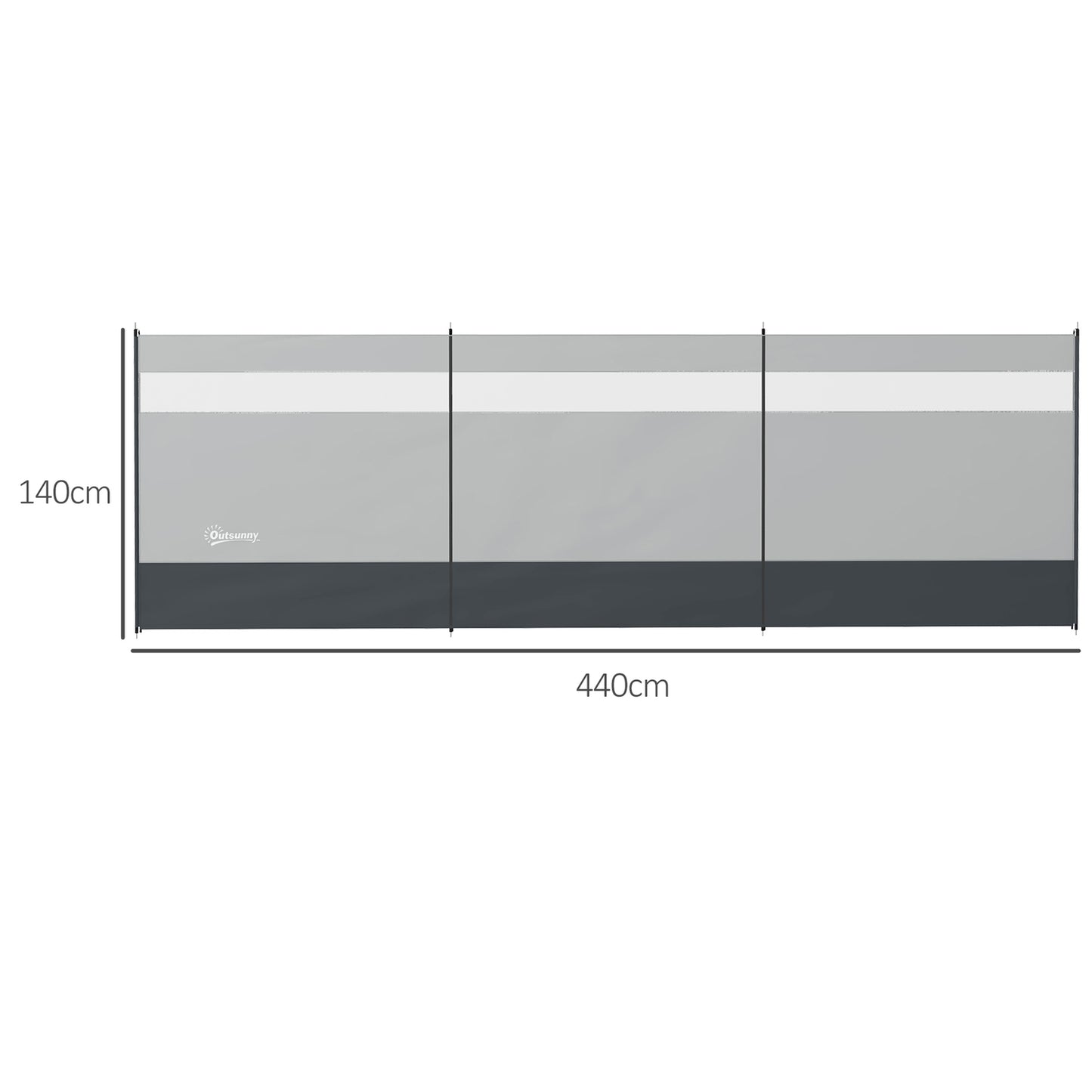 Foldable gray wind screen with light source, 440 x 140 cm