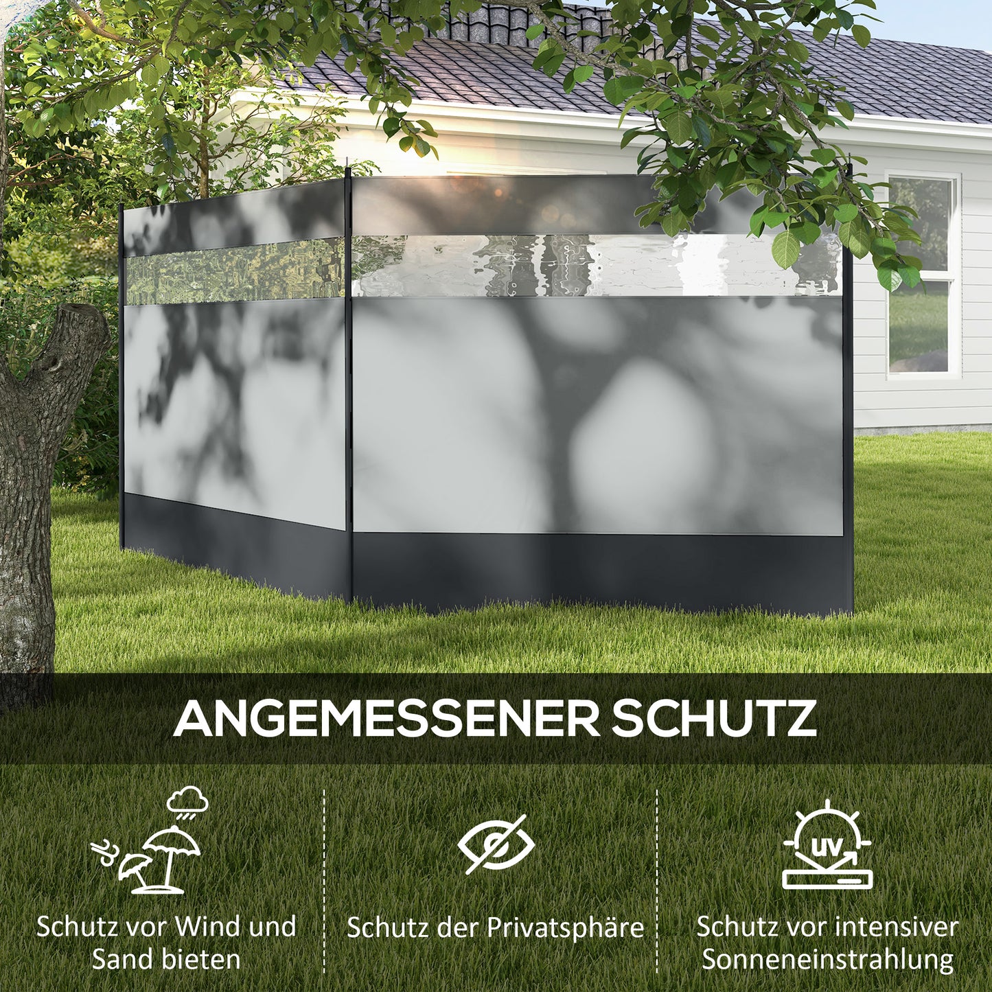 Foldable gray wind screen with light source, 440 x 140 cm