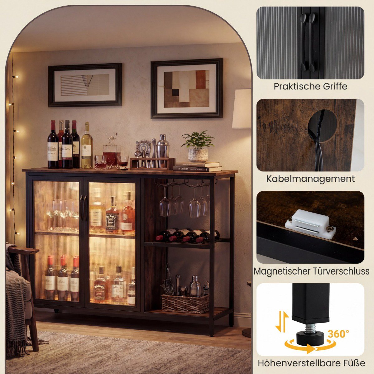 Wine Cabinet with LED Lighting, Glass Holder, and Charging Ports