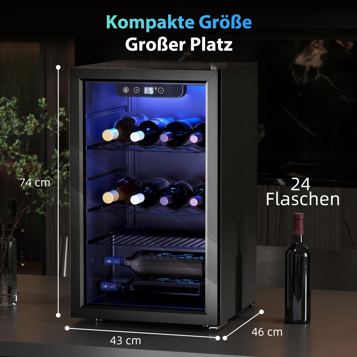 Wine Cooler, 24 Bottles, 68L, 4–16C, Glass Door, Black