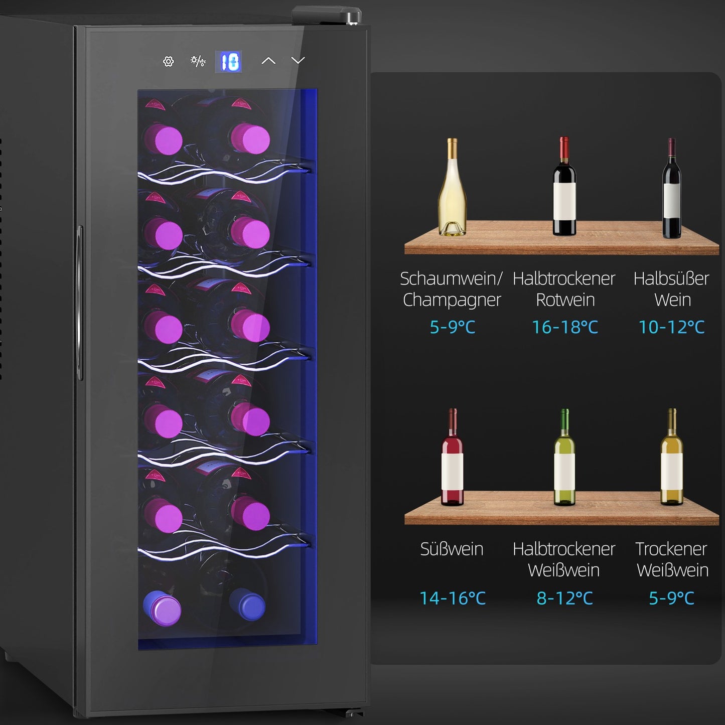 Wine fridge 12 bottles, glass door, LED touch screen