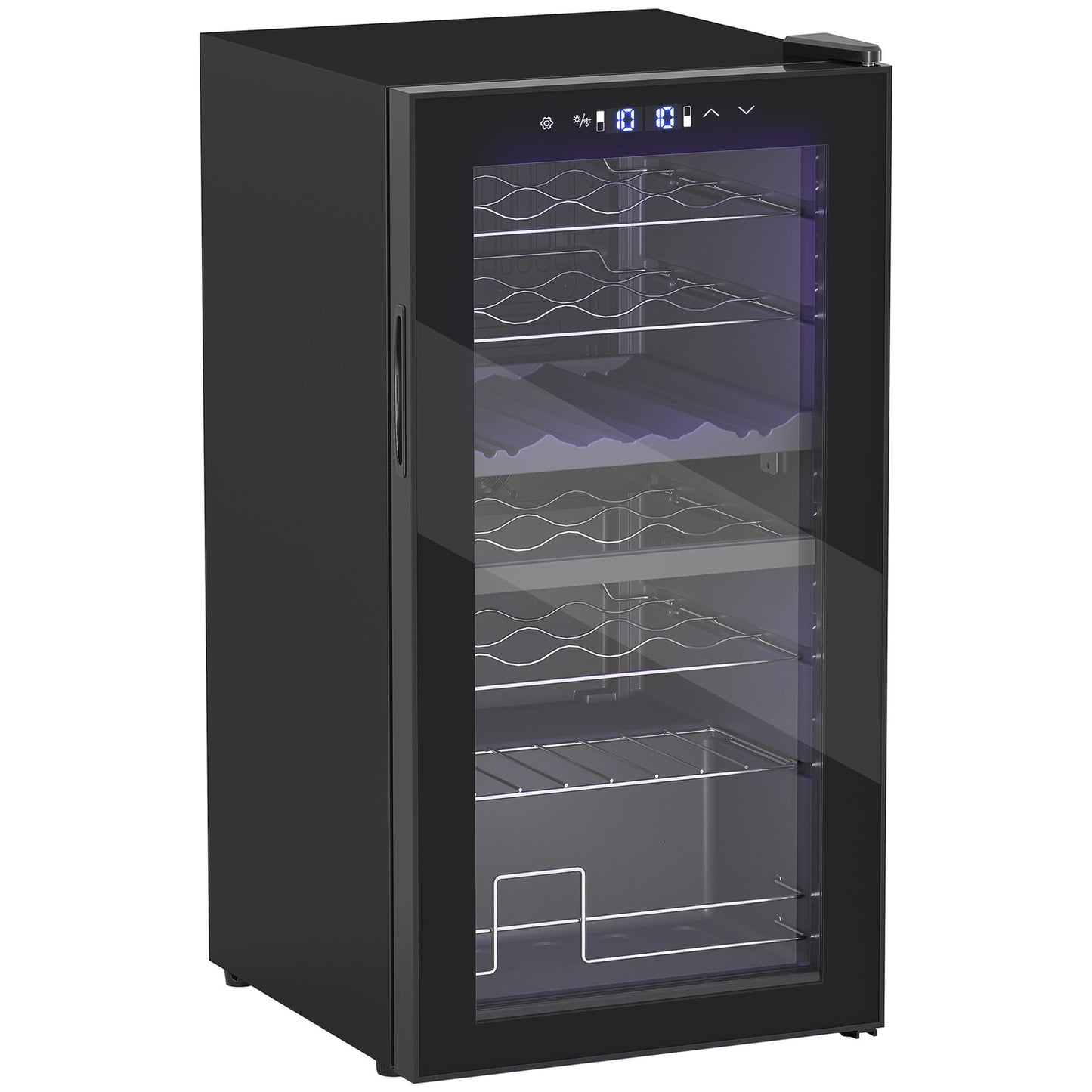 Wine cooler with dual zones, 28 bottles, UV glass door, LED