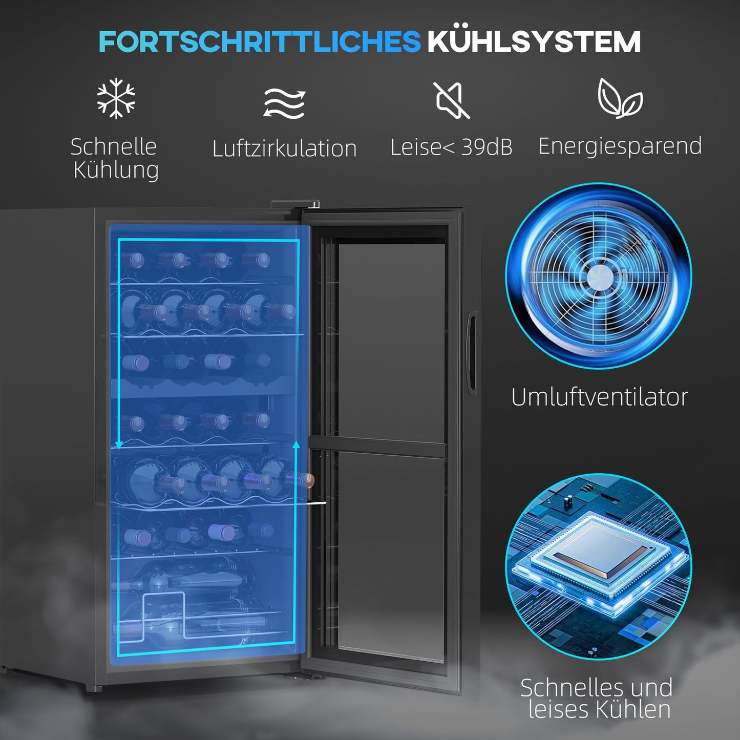 Wine cooler with dual zones, 28 bottles, UV glass door, LED