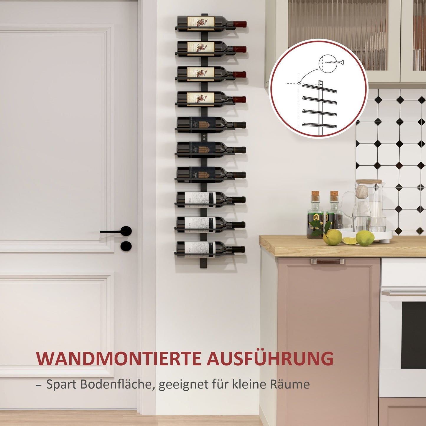 Wall-mounted steel wine rack for 10 bottles - Black