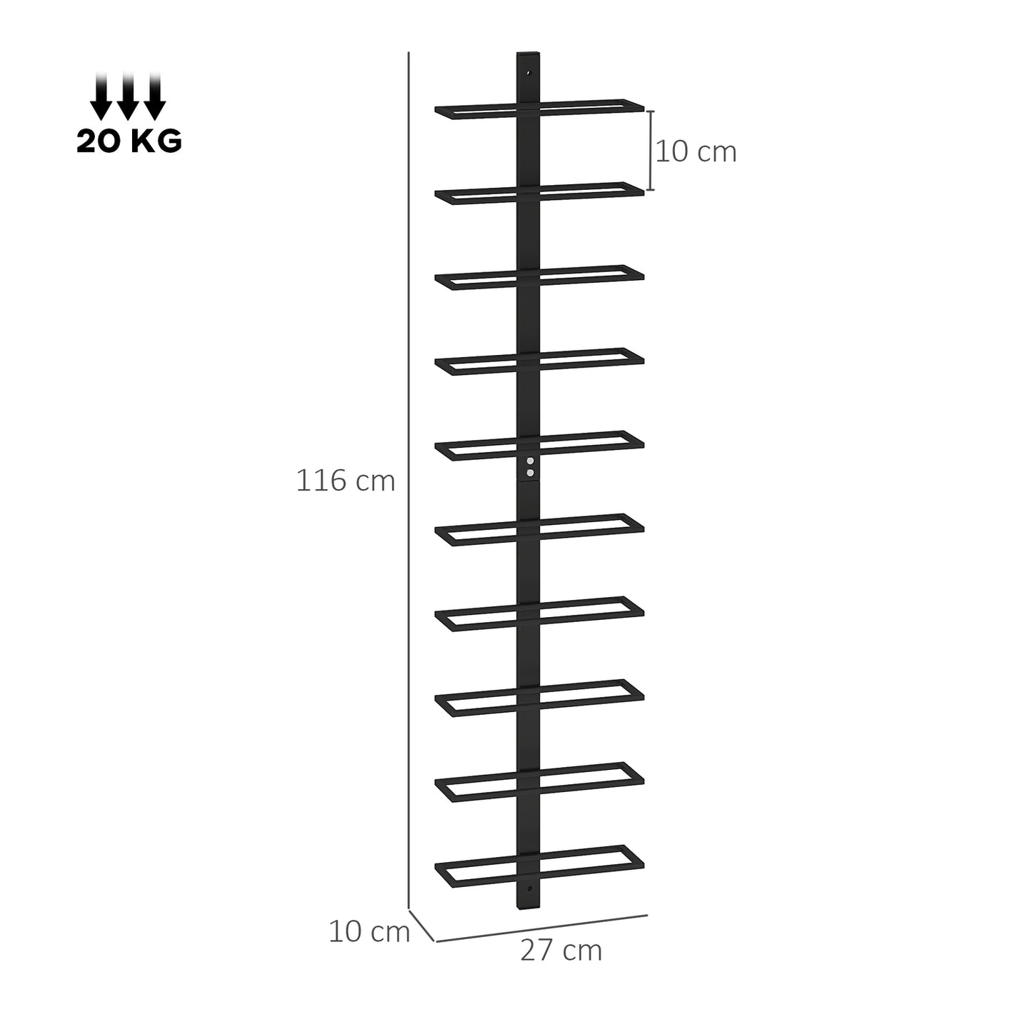 Wall-mounted steel wine rack for 10 bottles - Black