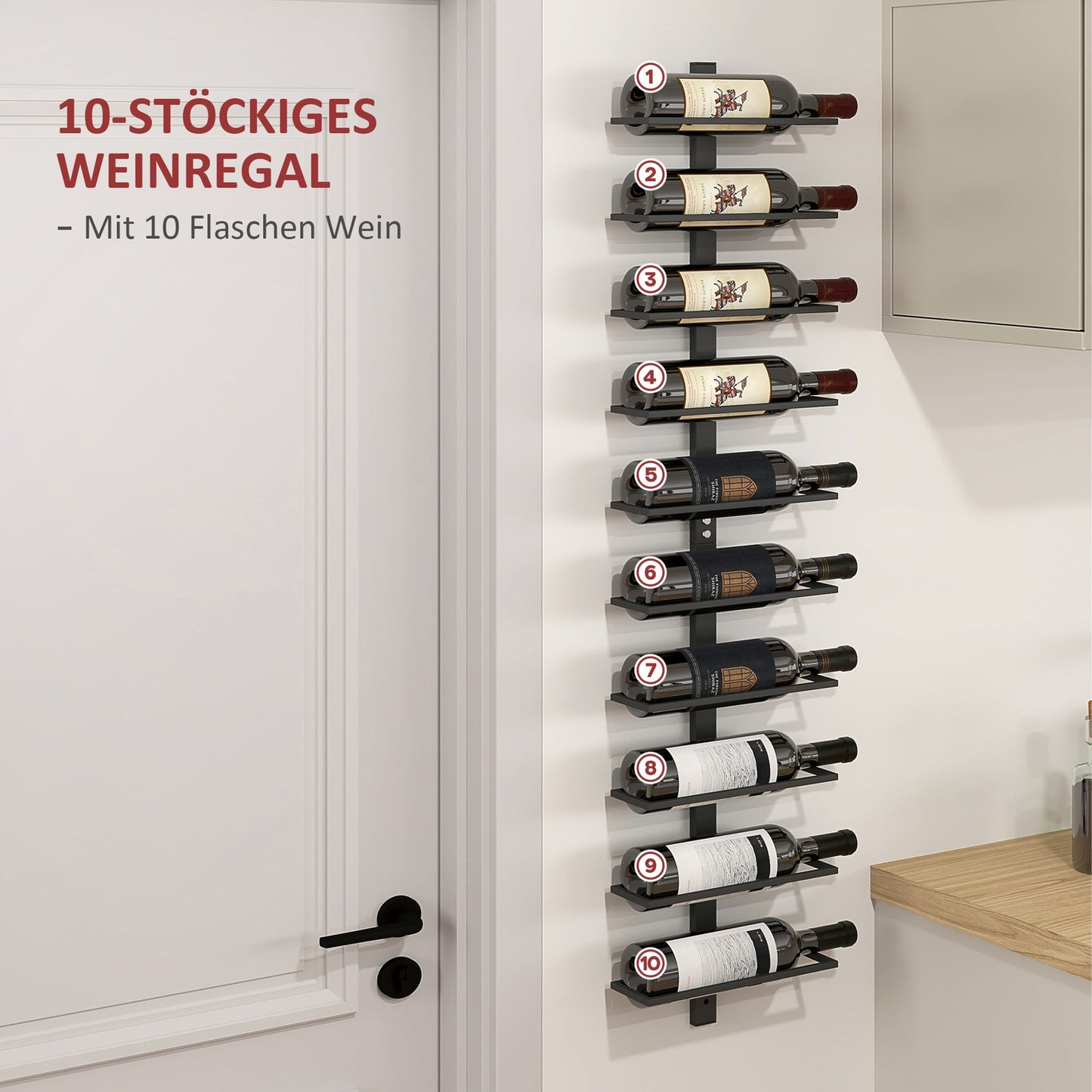 Wall-mounted steel wine rack for 10 bottles - Black