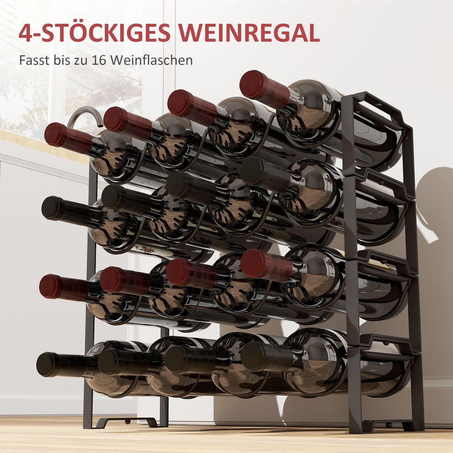 Metal wine rack for 16 bottles - black storage holder
