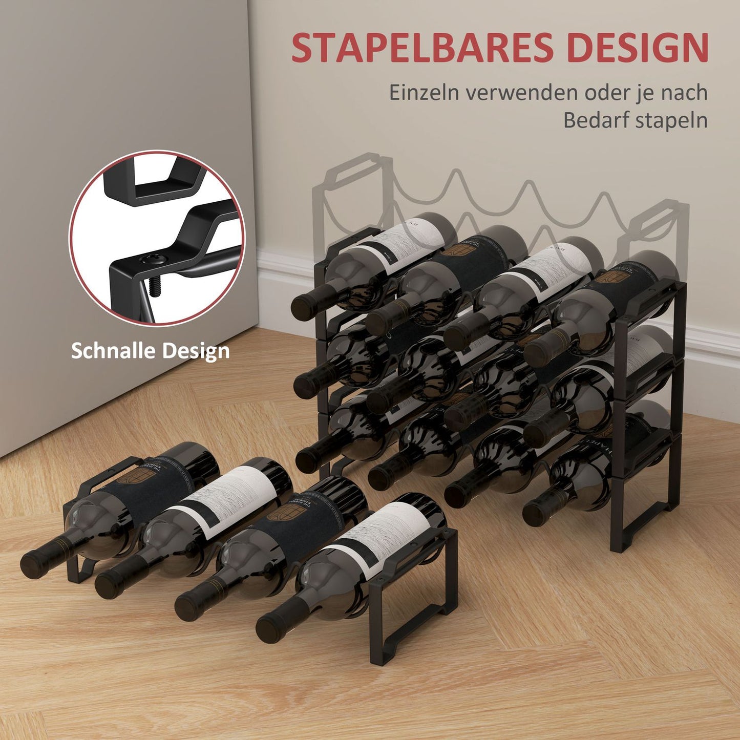 Metal wine rack for 16 bottles - black storage holder
