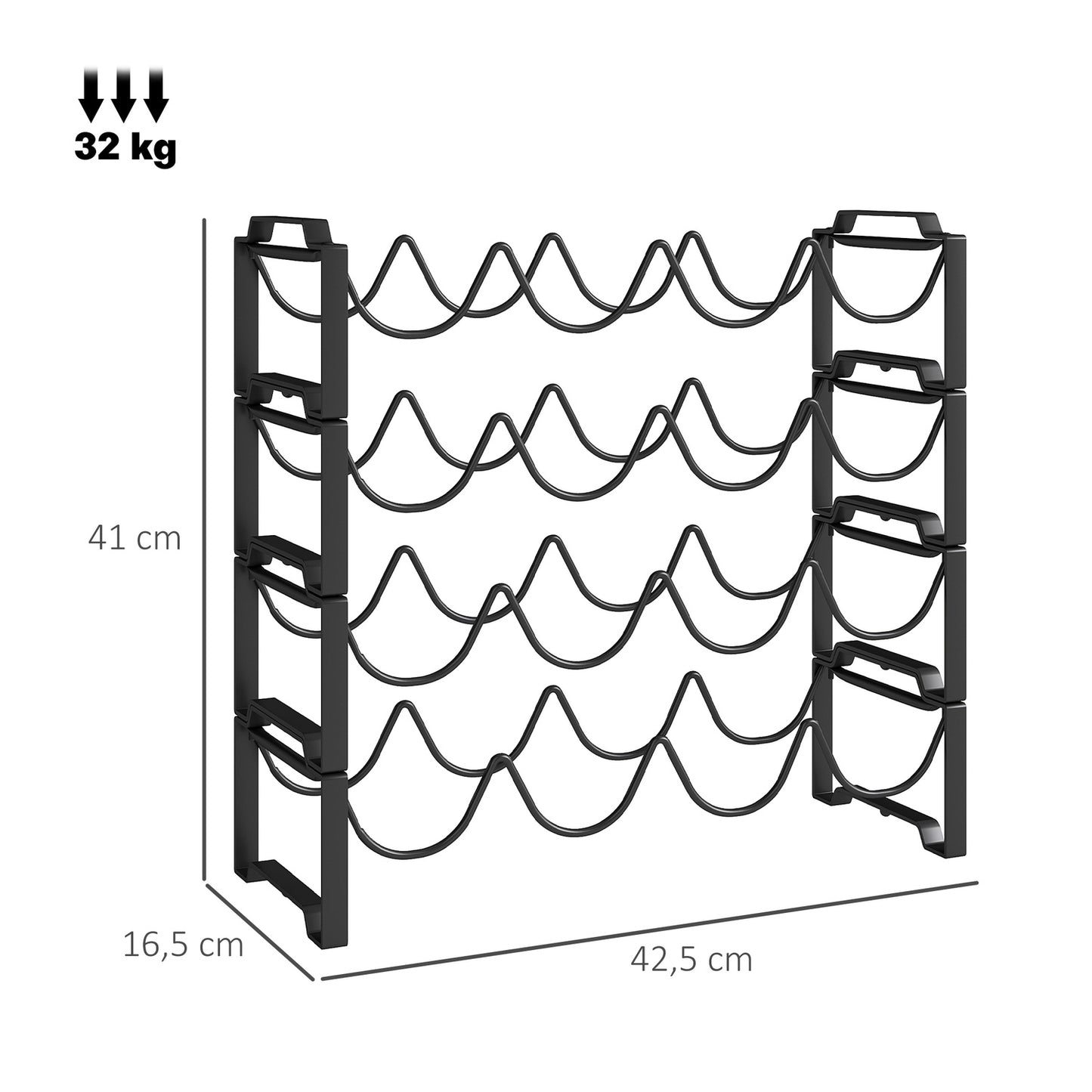 Metal wine rack for 16 bottles - black storage holder