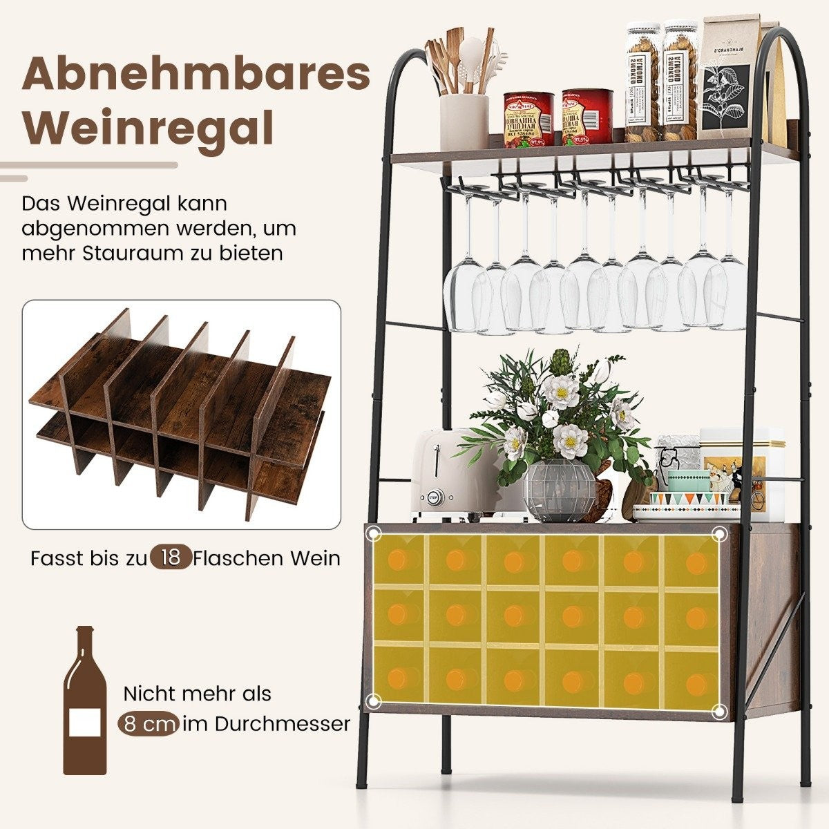 Wine Rack Bottle Rack for 18 Bottles Wine Stand with 5 Wine Glass Holders 63 x 32 x 114.5 cm Rustic Brown