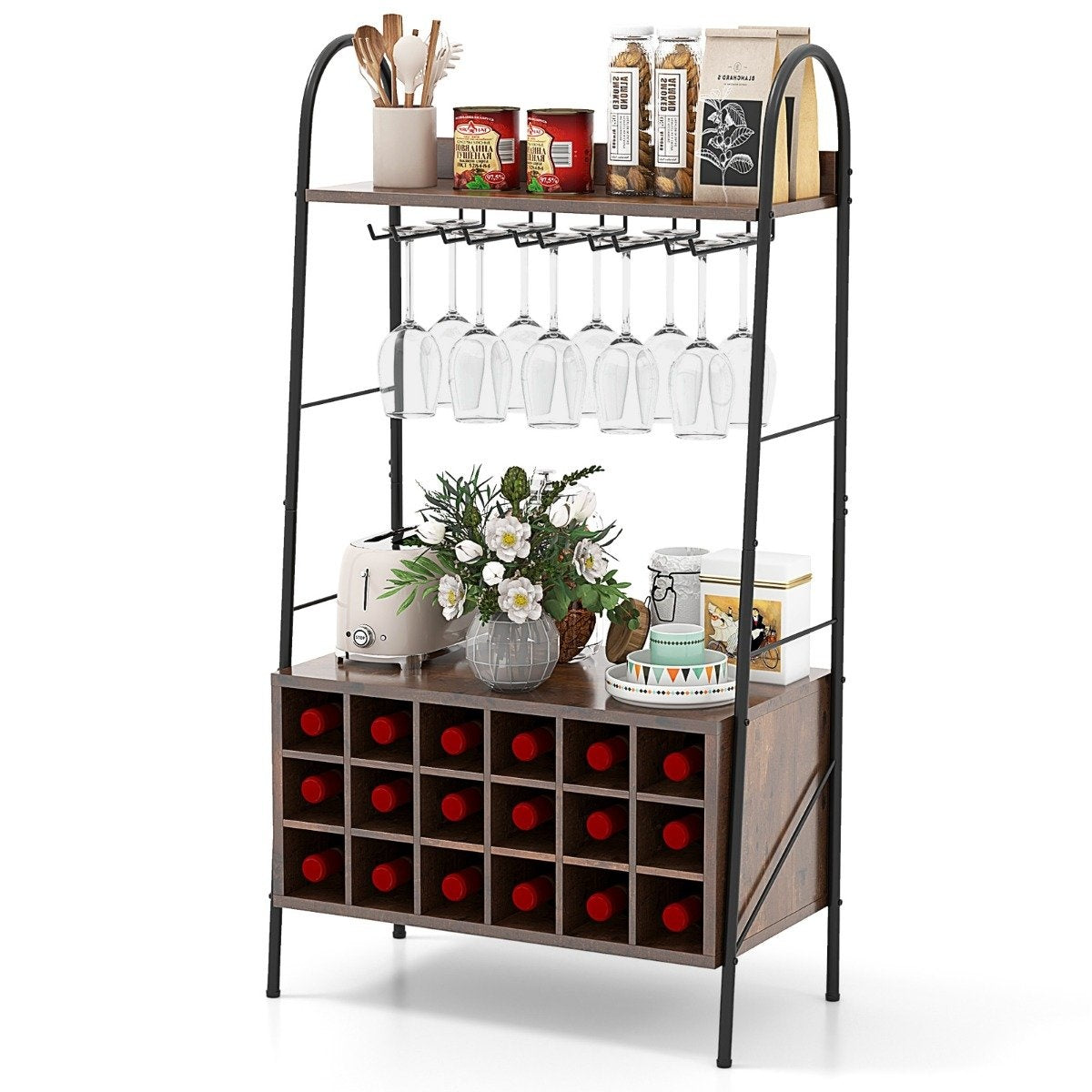 Wine Rack Bottle Rack for 18 Bottles Wine Stand with 5 Wine Glass Holders 63 x 32 x 114.5 cm Rustic Brown