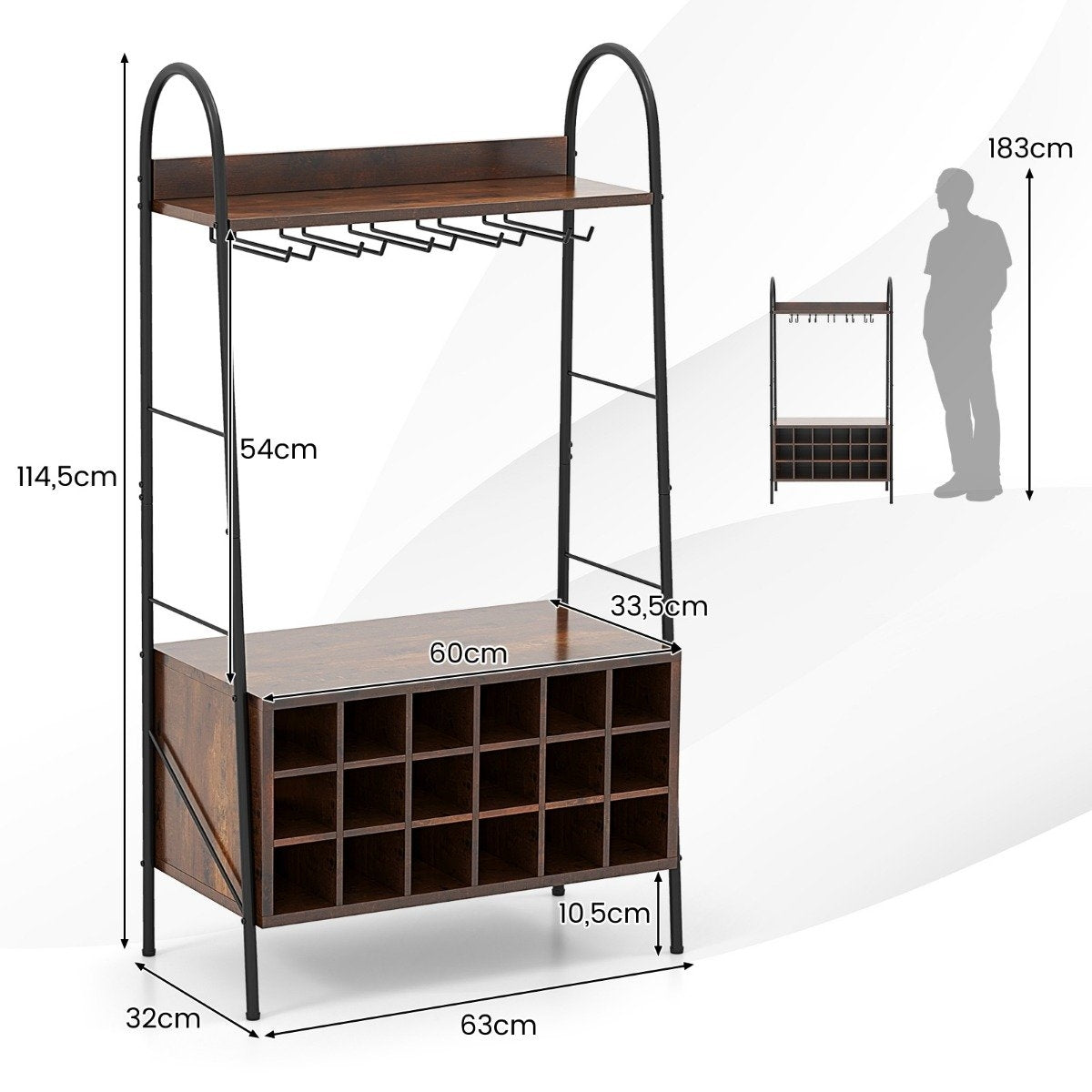 Wine Rack Bottle Rack for 18 Bottles Wine Stand with 5 Wine Glass Holders 63 x 32 x 114.5 cm Rustic Brown