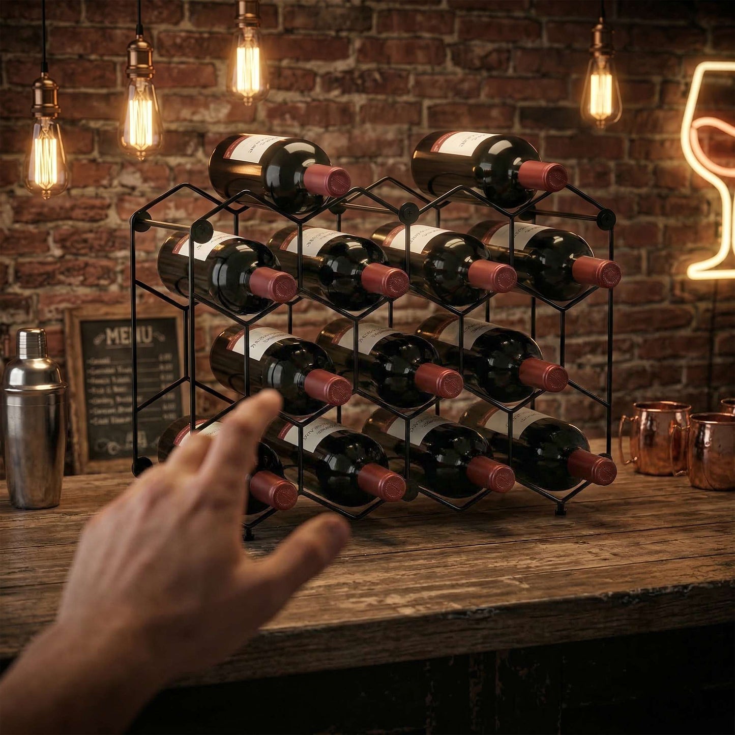 Wine Rack for 13 Bottles, Metal, Adjustable Feet, Black