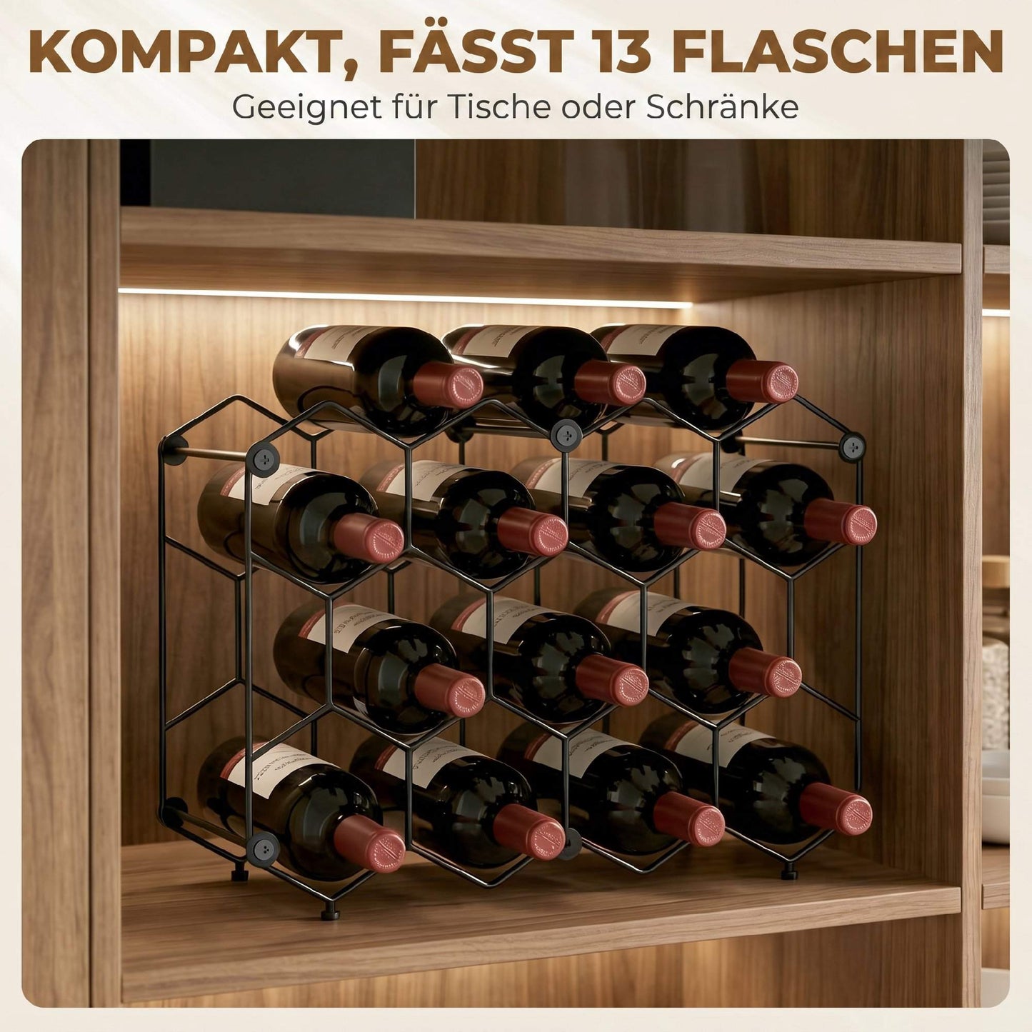 Wine Rack for 13 Bottles, Metal, Adjustable Feet, Black