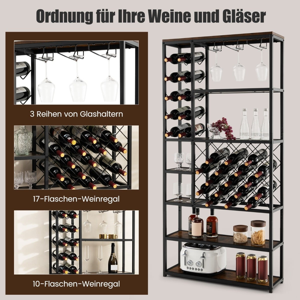 Wine Rack for 27 Bottles with Glass Holders, Metal, Black