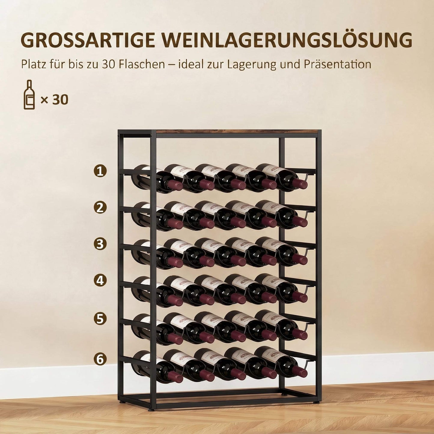 Wine Rack for 30 Bottles, Metal, Rustic Brown, 59x30x88.5 cm