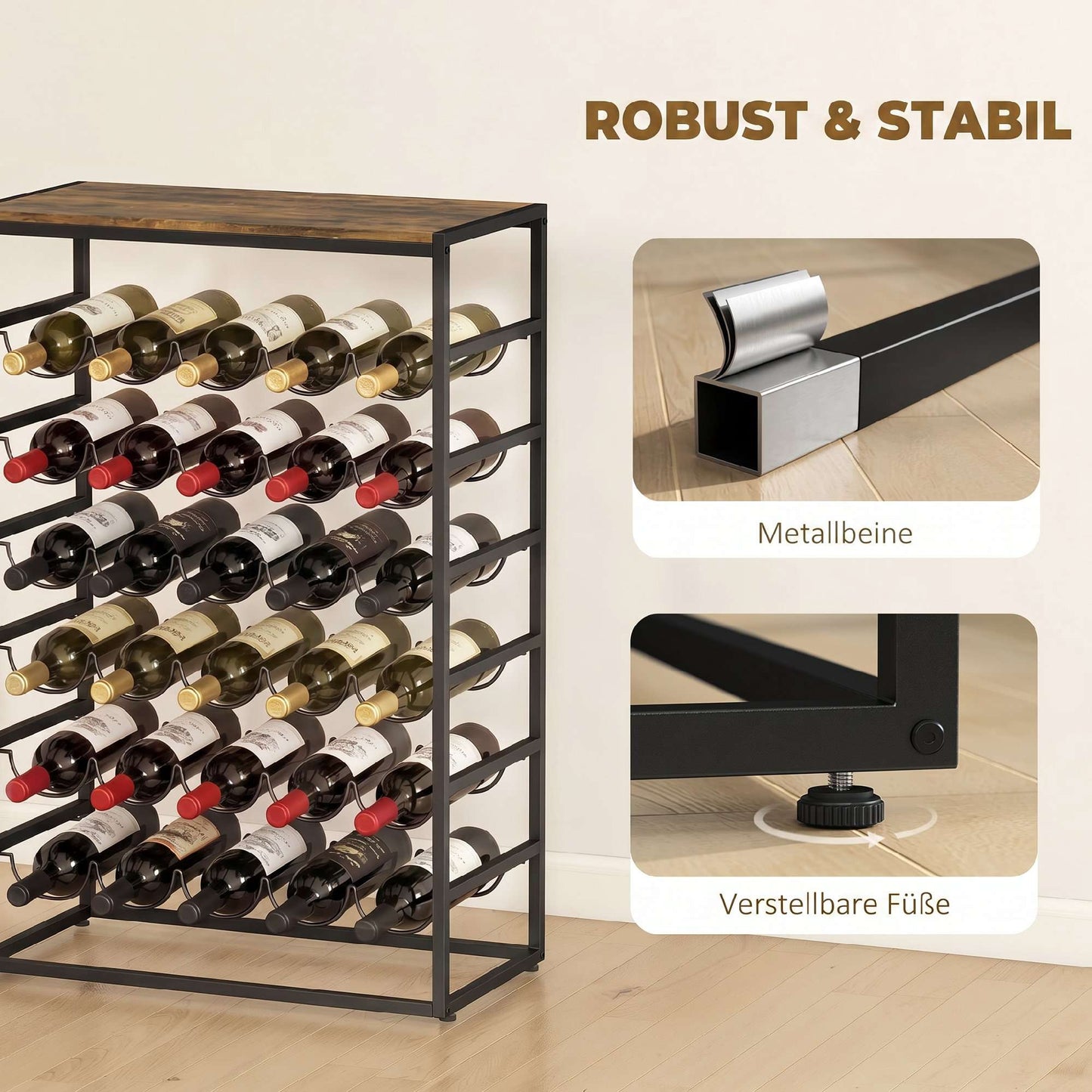 Wine Rack for 30 Bottles, Metal, Rustic Brown, 59x30x88.5 cm