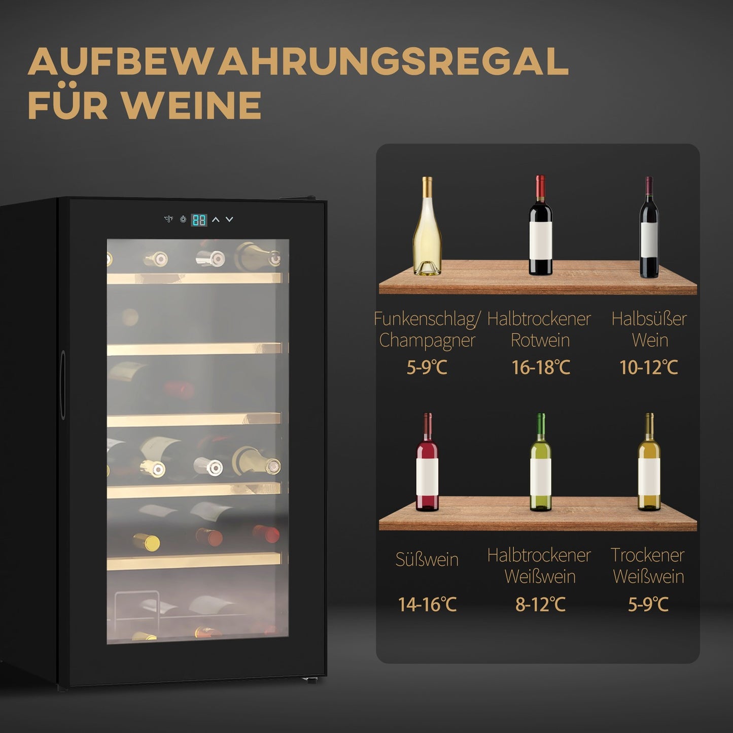 Wine fridge, capacity for 24 bottles, interior lighting, black