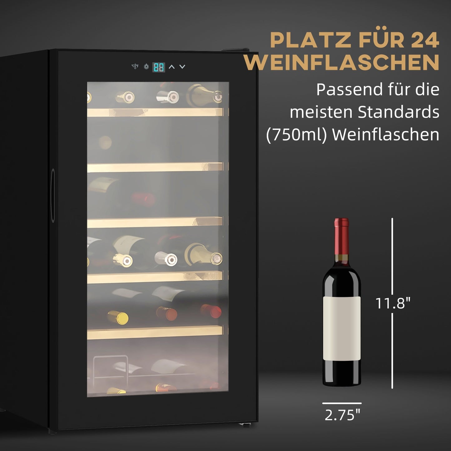 Wine fridge, capacity for 24 bottles, interior lighting, black
